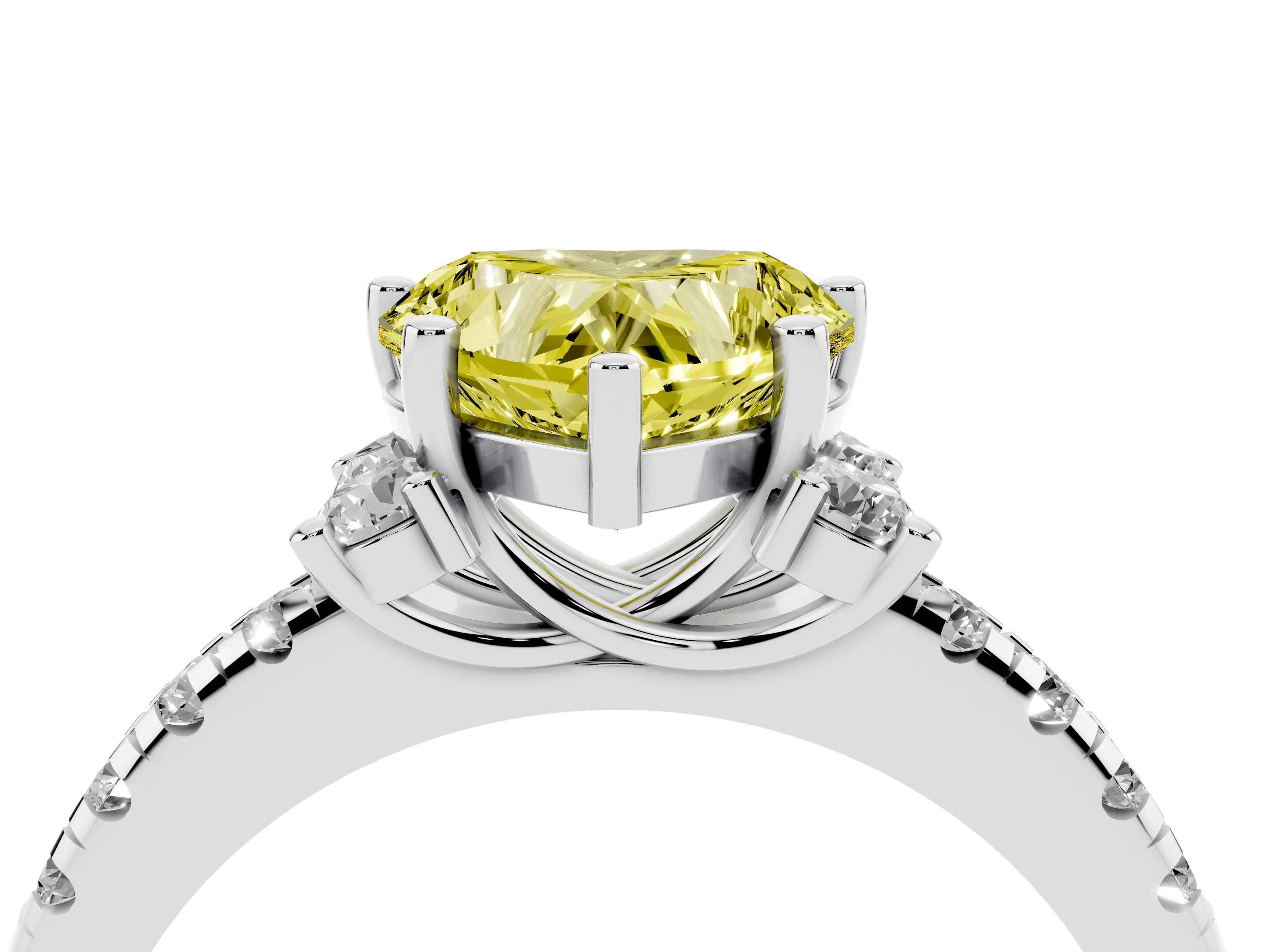 Fancy Yellow Heart Cut Diamond Three-Stone Pavé Ring Set in Silver with Prong Setting