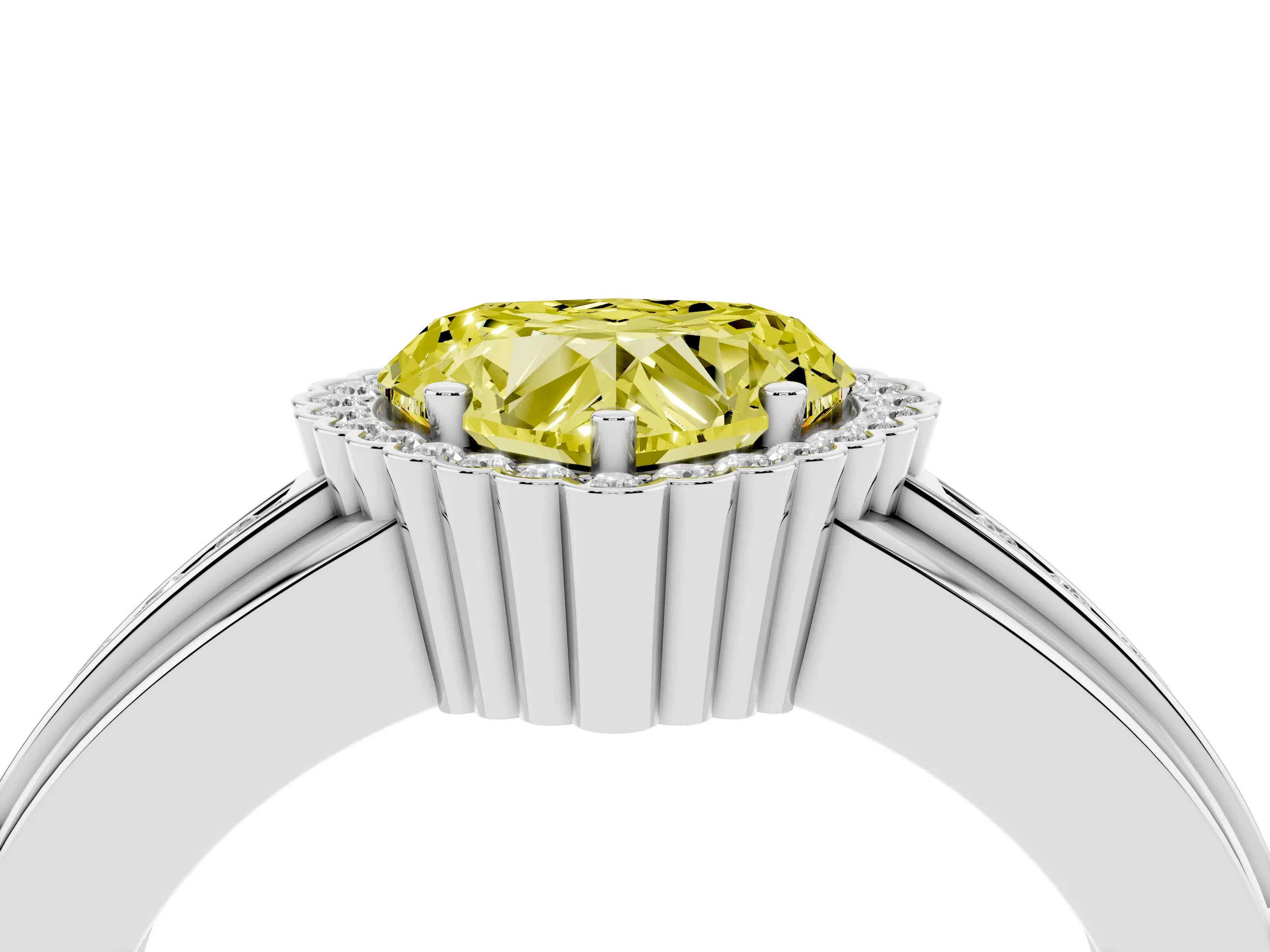 Fancy Yellow Heart Cut Diamond Halo Prong Ring Set in Platinum with Pavé Band