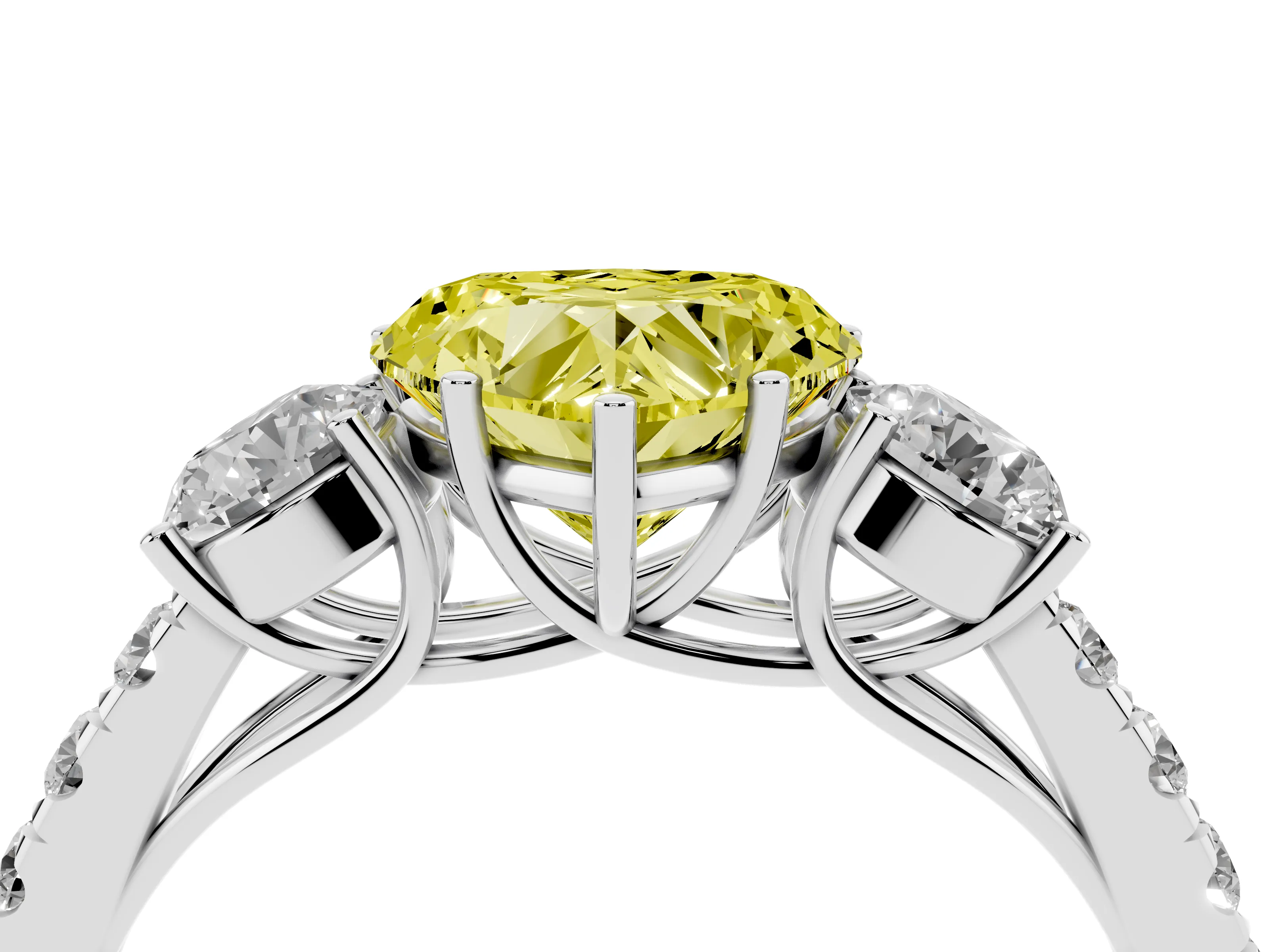 Fancy Yellow Heart Cut Diamond Three-Stone Ring Set in White gold with Round Side Stones and Delicate Pavé Band