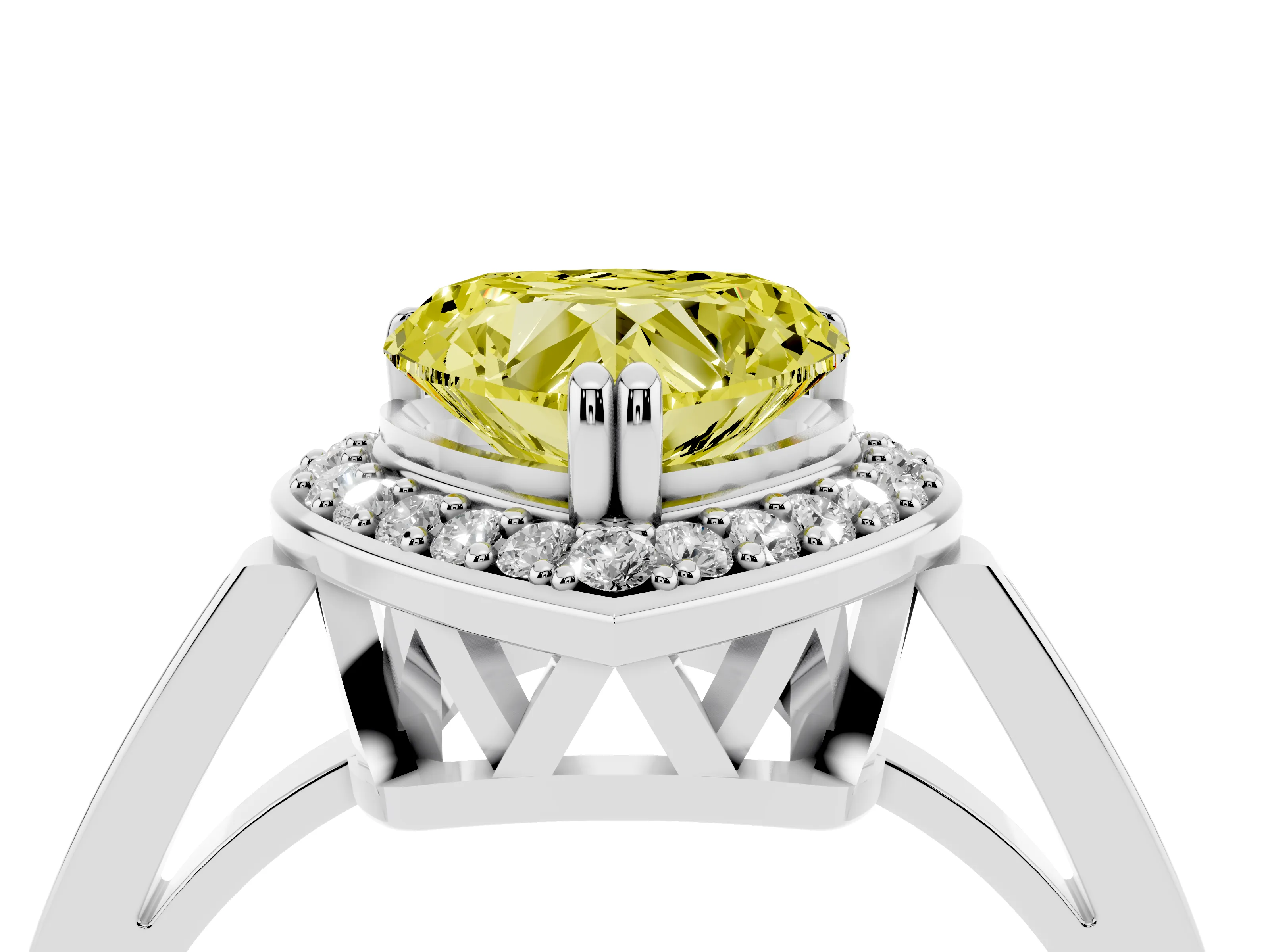 Fancy Yellow Heart Cut Diamond Halo Ring Set in White gold with Accent-Lined Split Shank and Prong Setting