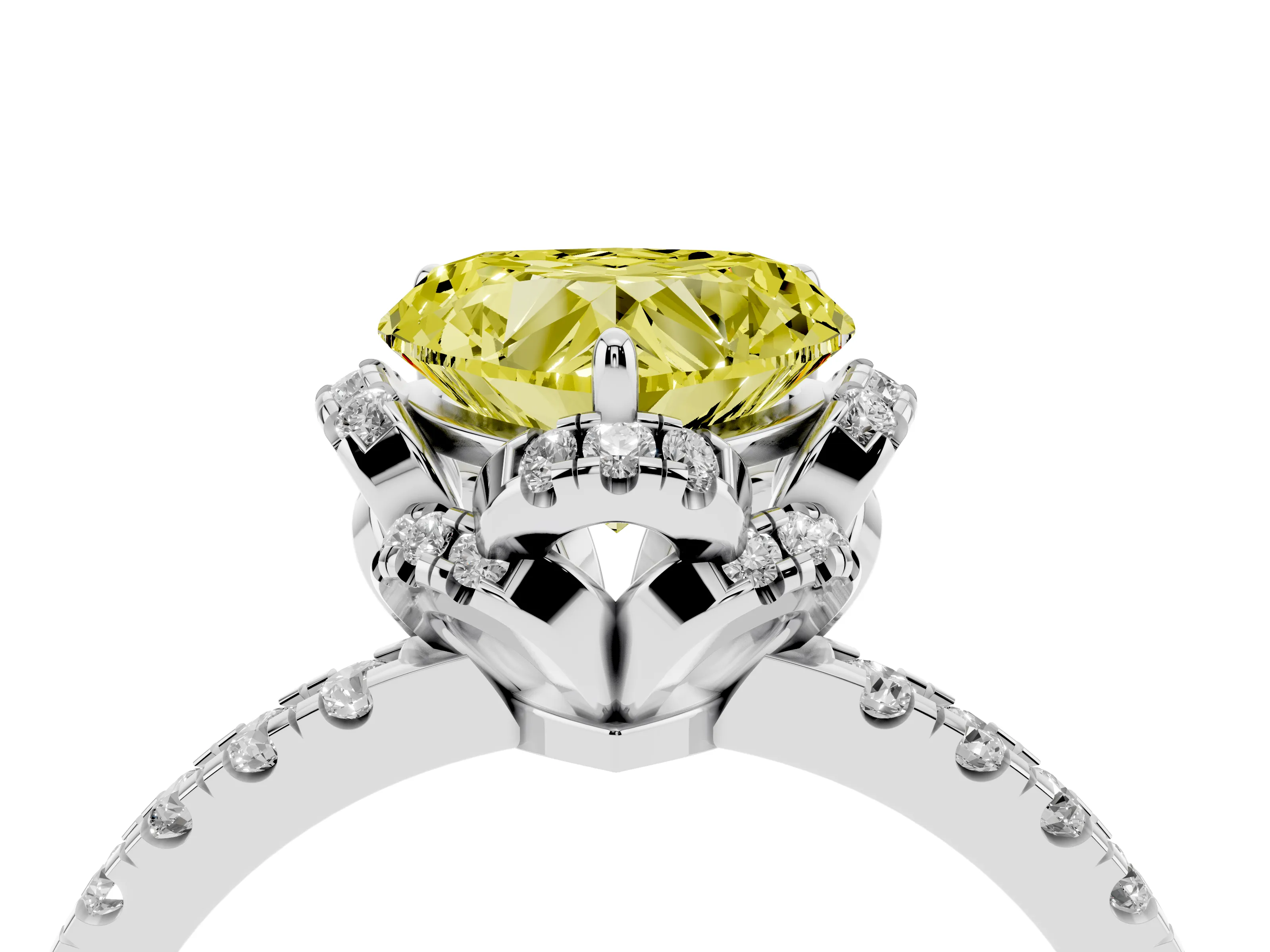 Fancy Yellow Heart Cut Diamond Halo Pavé Band Ring Set in White gold with Prong-Held Center