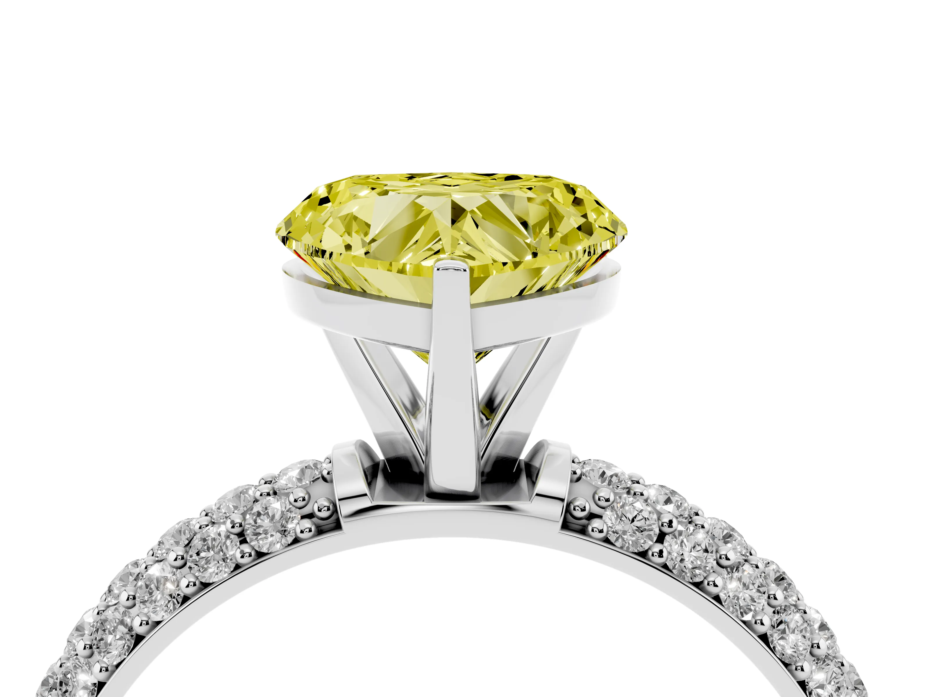 Fancy Yellow Heart Cut Diamond Solitaire Ring Set in White gold with Prong Setting and Pavé-Set Band