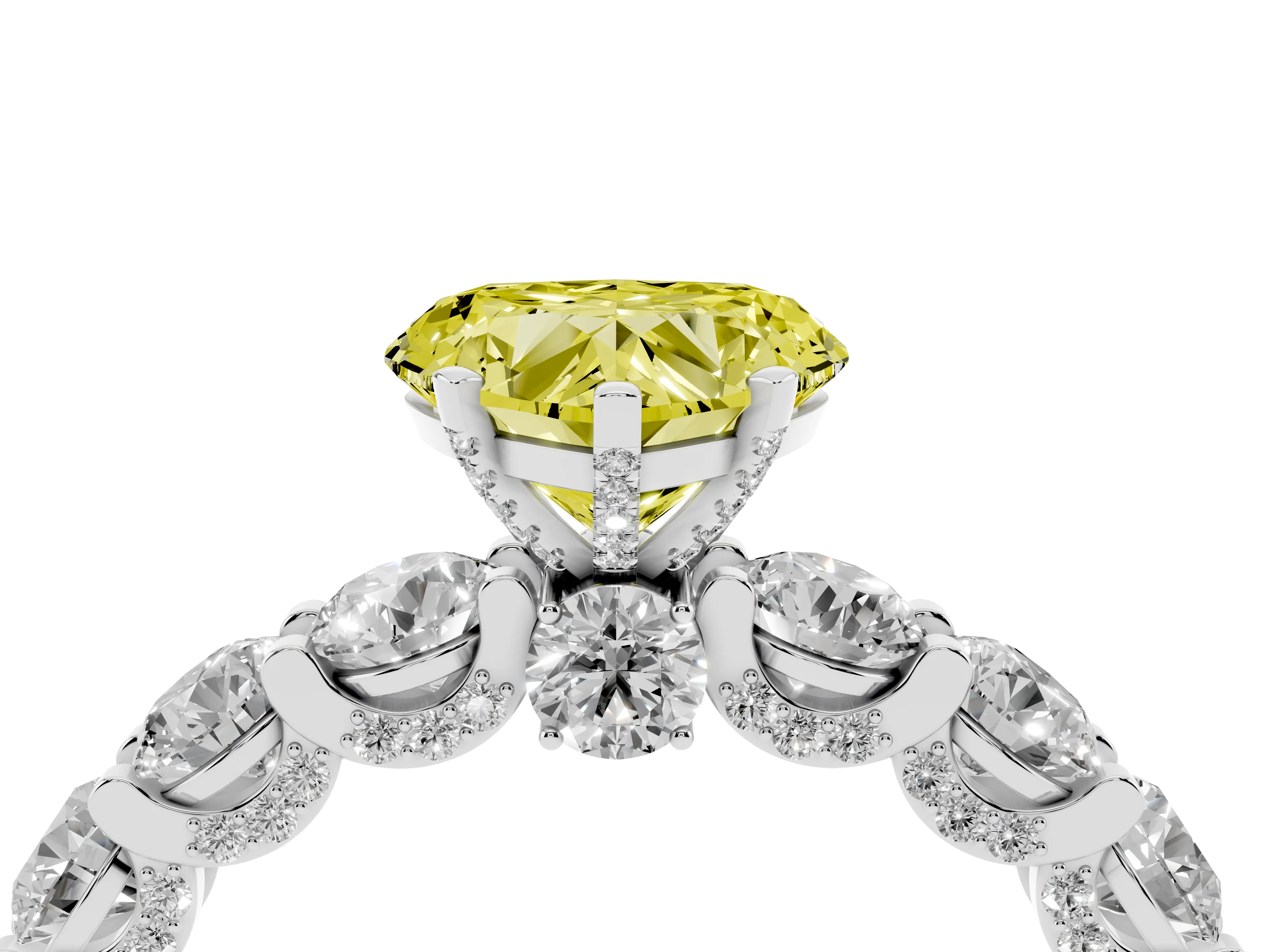 Fancy Yellow Heart Cut Diamond Side Stone Ring Set in White gold with Alternating Round and Oval Side Stones