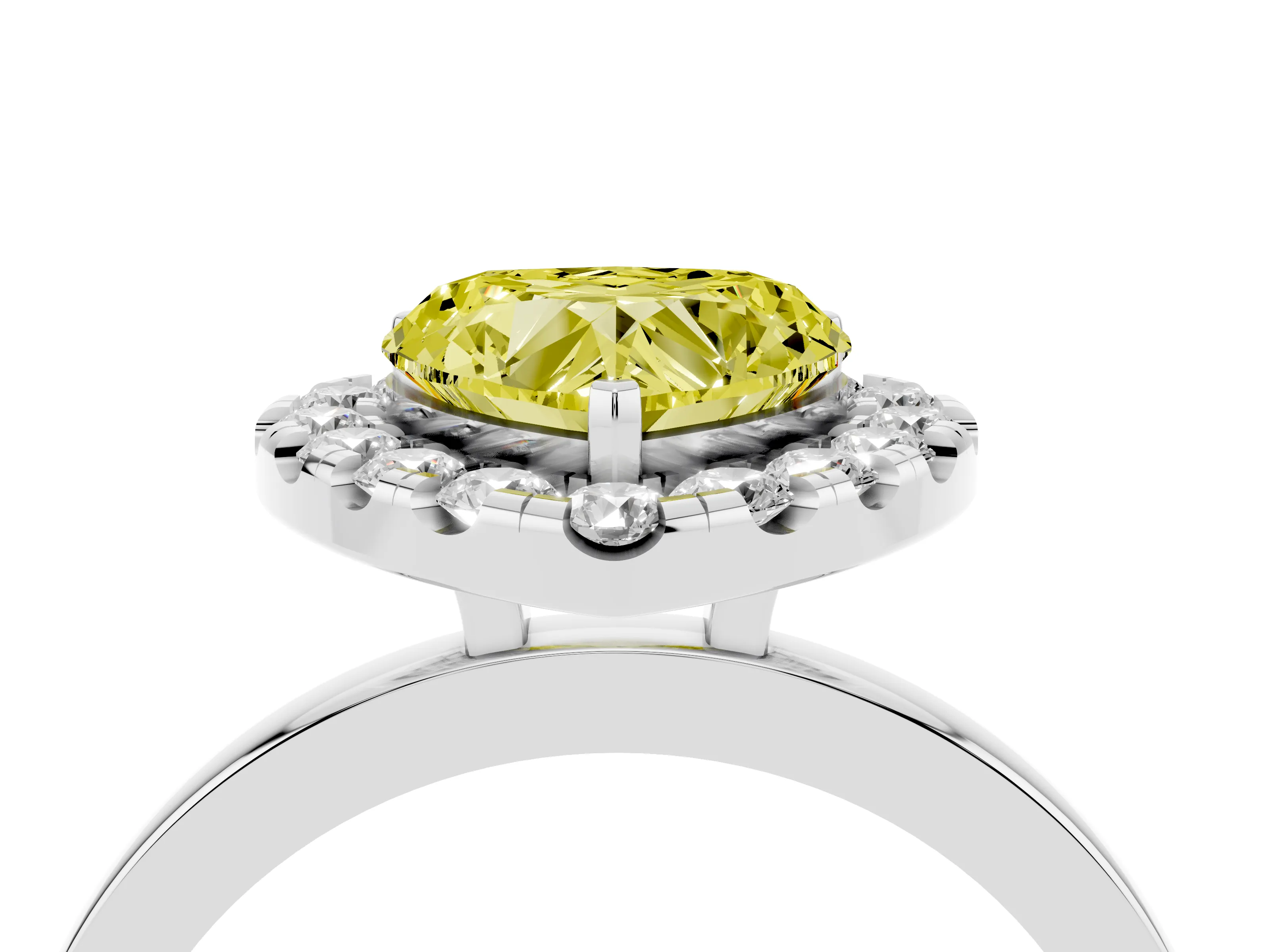 Fancy Yellow Heart Cut Diamond Halo Solitaire Ring Set in White gold with Pavé Band and Prong Setting