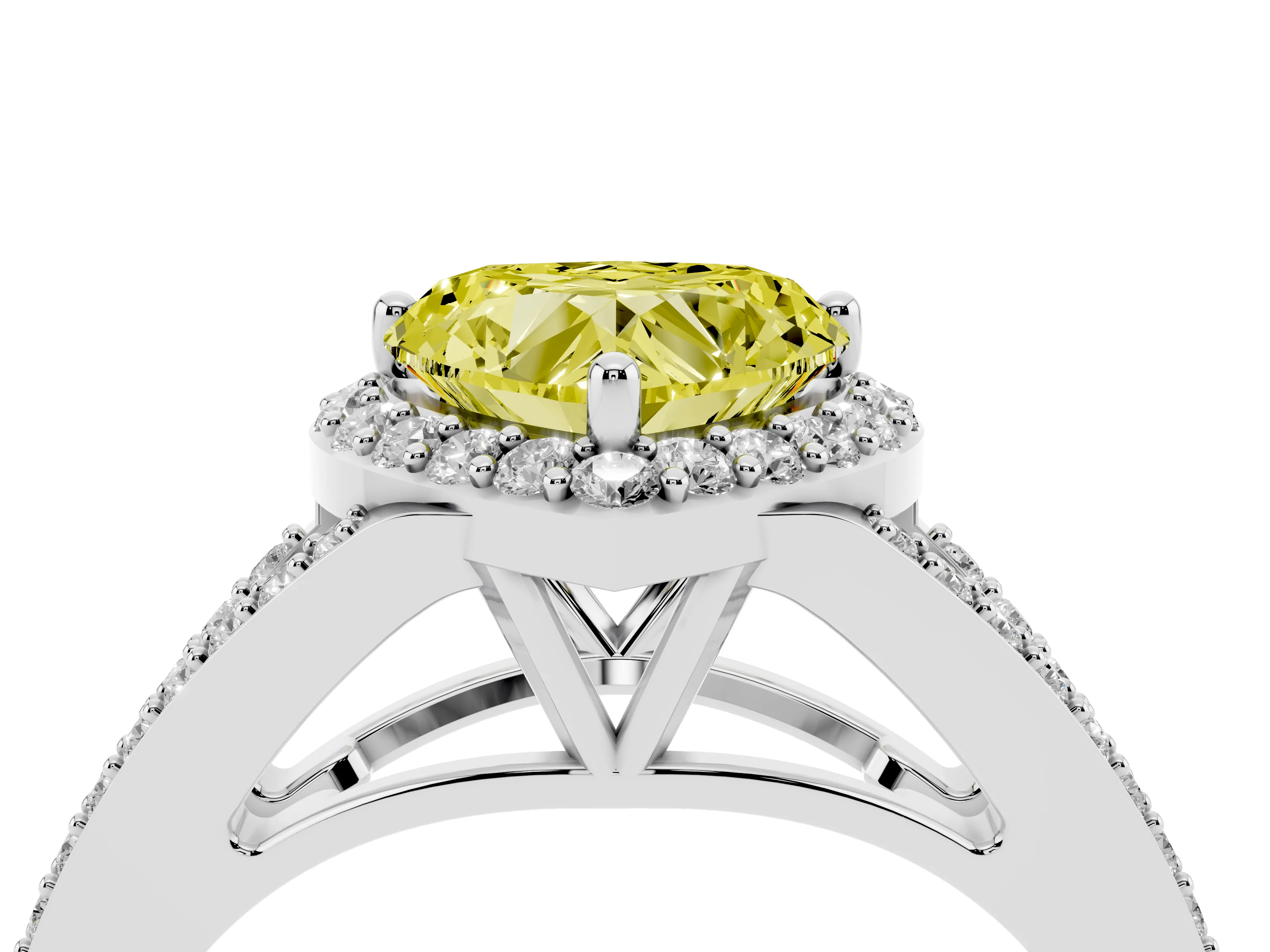 Fancy Yellow Heart Cut Diamond Halo Split Shank Pavé Ring Set in Silver with Prong Setting