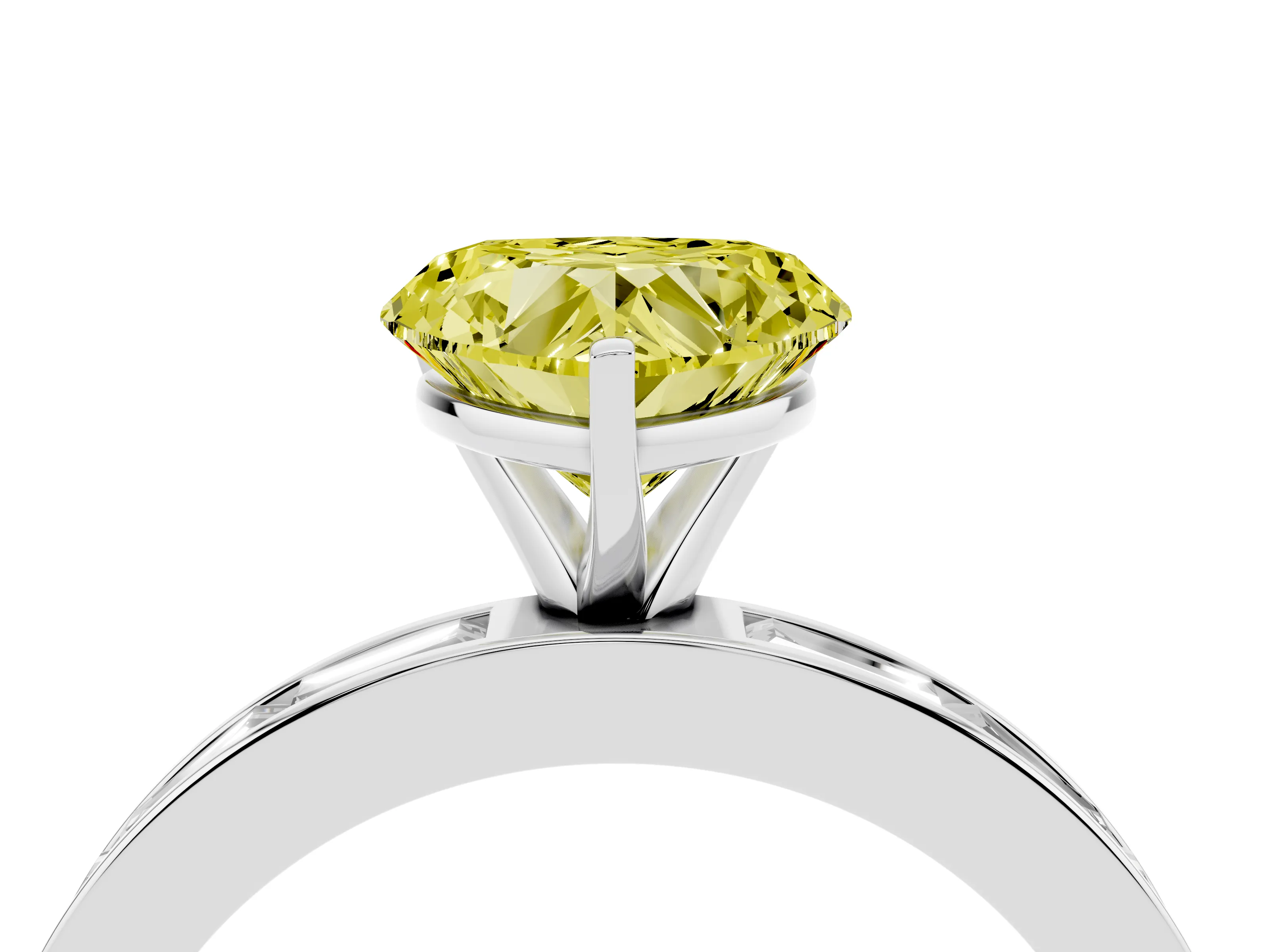 Fancy Yellow Heart Cut Diamond Solitaire Ring Set in White gold with Channel-Set Baguette Band and Prong Setting