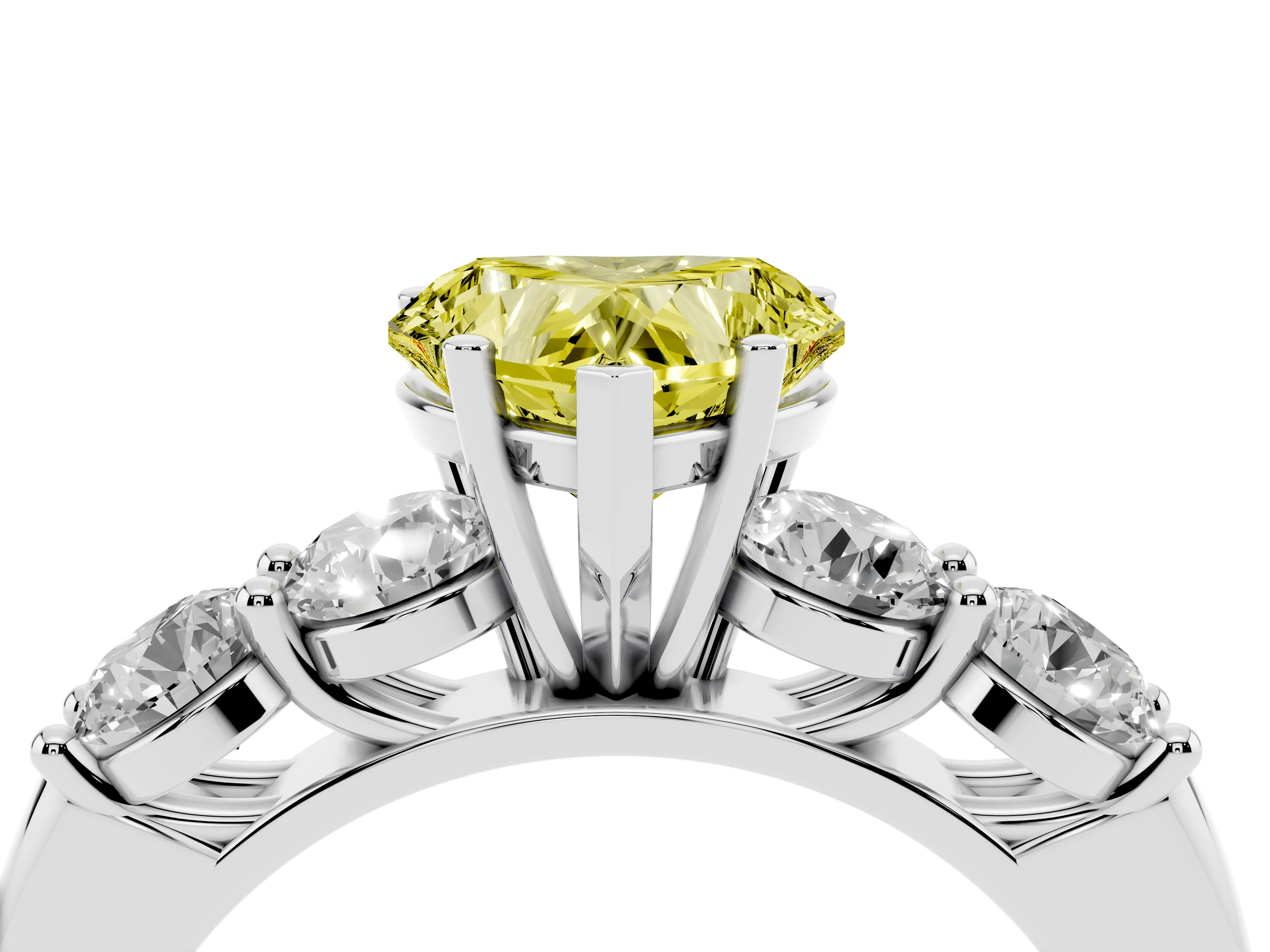 Fancy Yellow Heart Cut Diamond Five-Stone Prong Set Ring Set in White gold with Classic Band