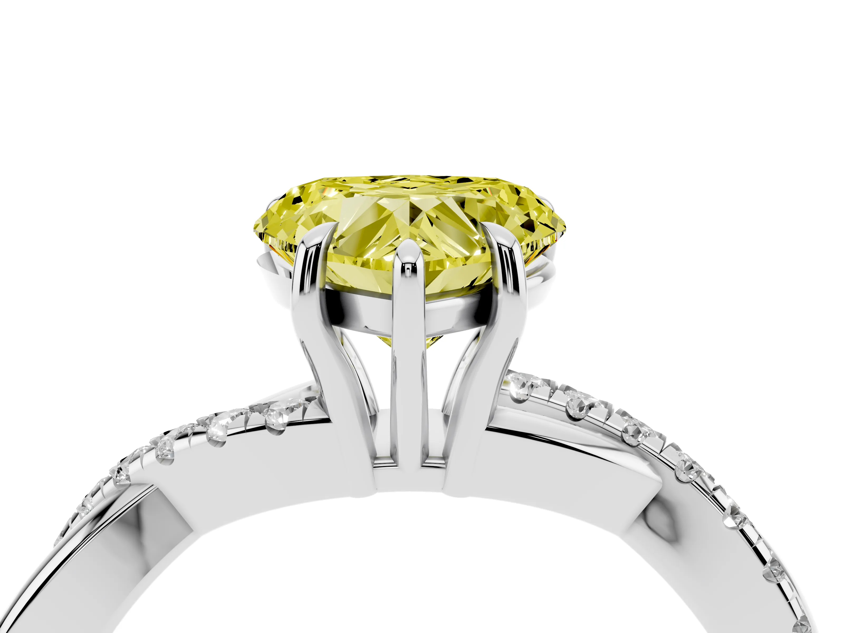 Fancy Yellow Heart Cut Diamond Twisted Pavé Band Ring Set in Platinum with Prong Setting