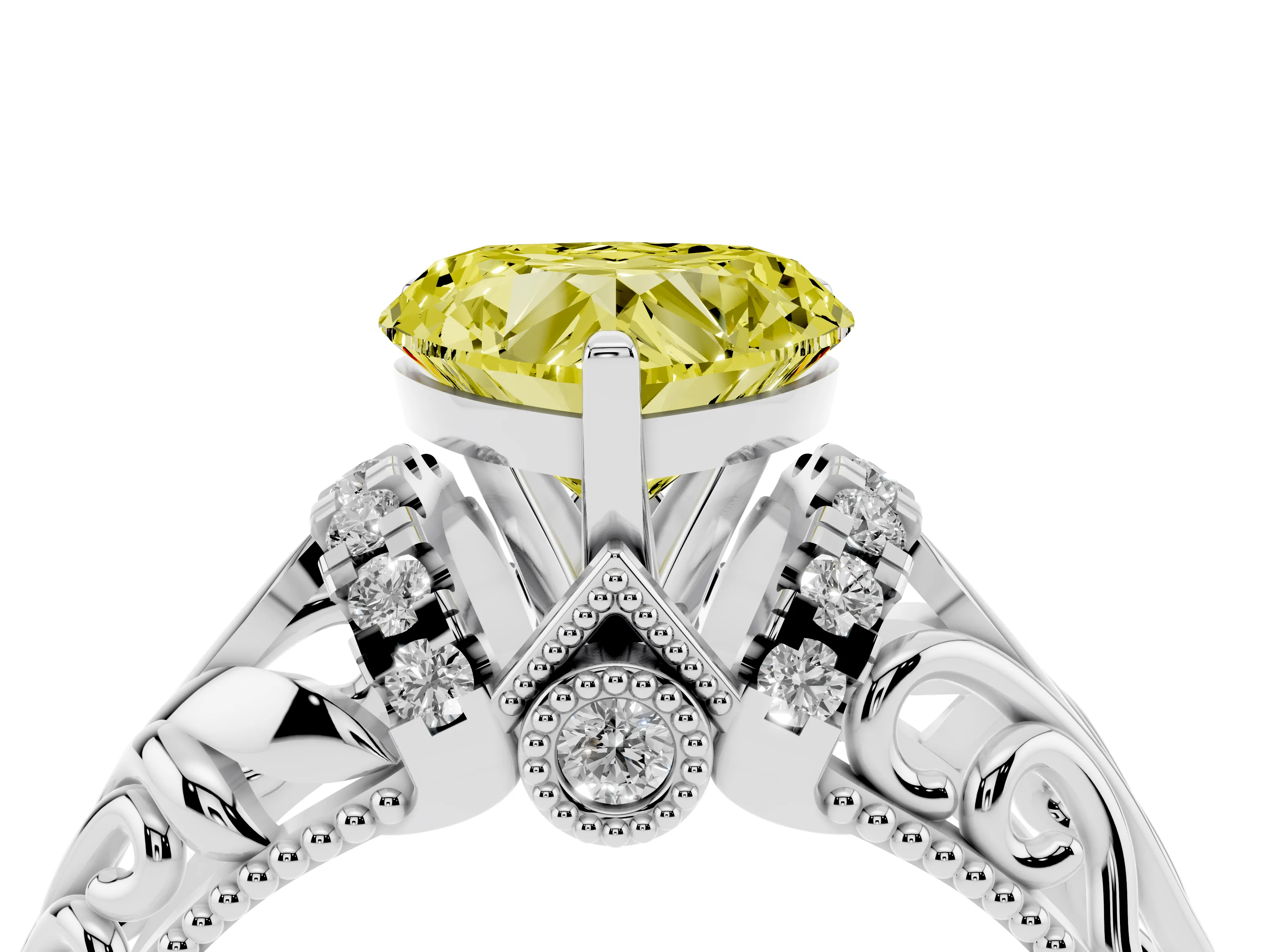 Fancy Yellow Heart Cut Diamond Filigree Halo Engagement Ring Set in Silver with Prong Setting
