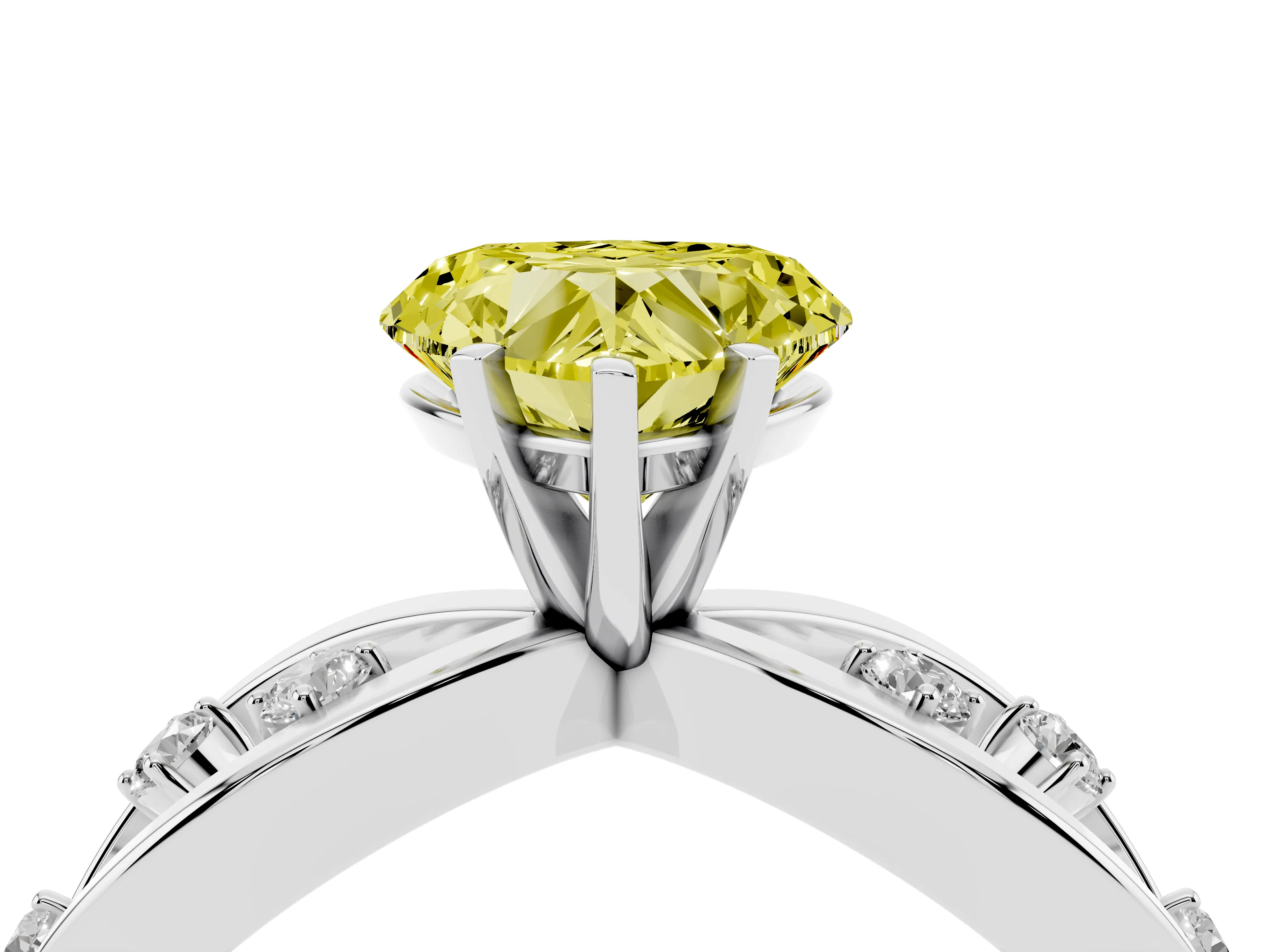Fancy Yellow Heart Cut Diamond Solitaire Ring Set in Silver with Side Stones on Criss-Cross Band and Prong Setting