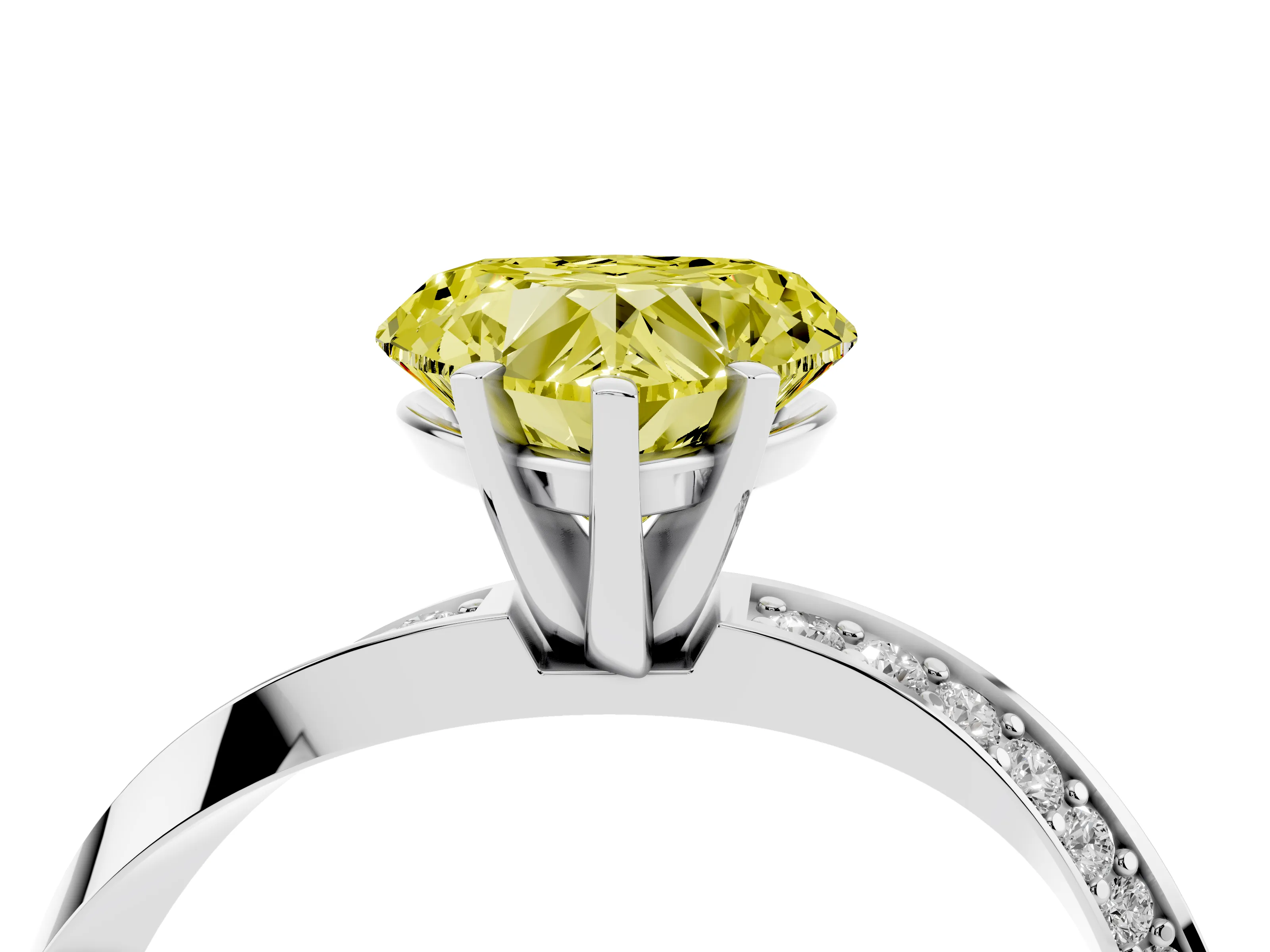 Fancy Yellow Heart Cut Diamond Engagement Ring Set in White gold with Side Stone Accents and Prong Setting