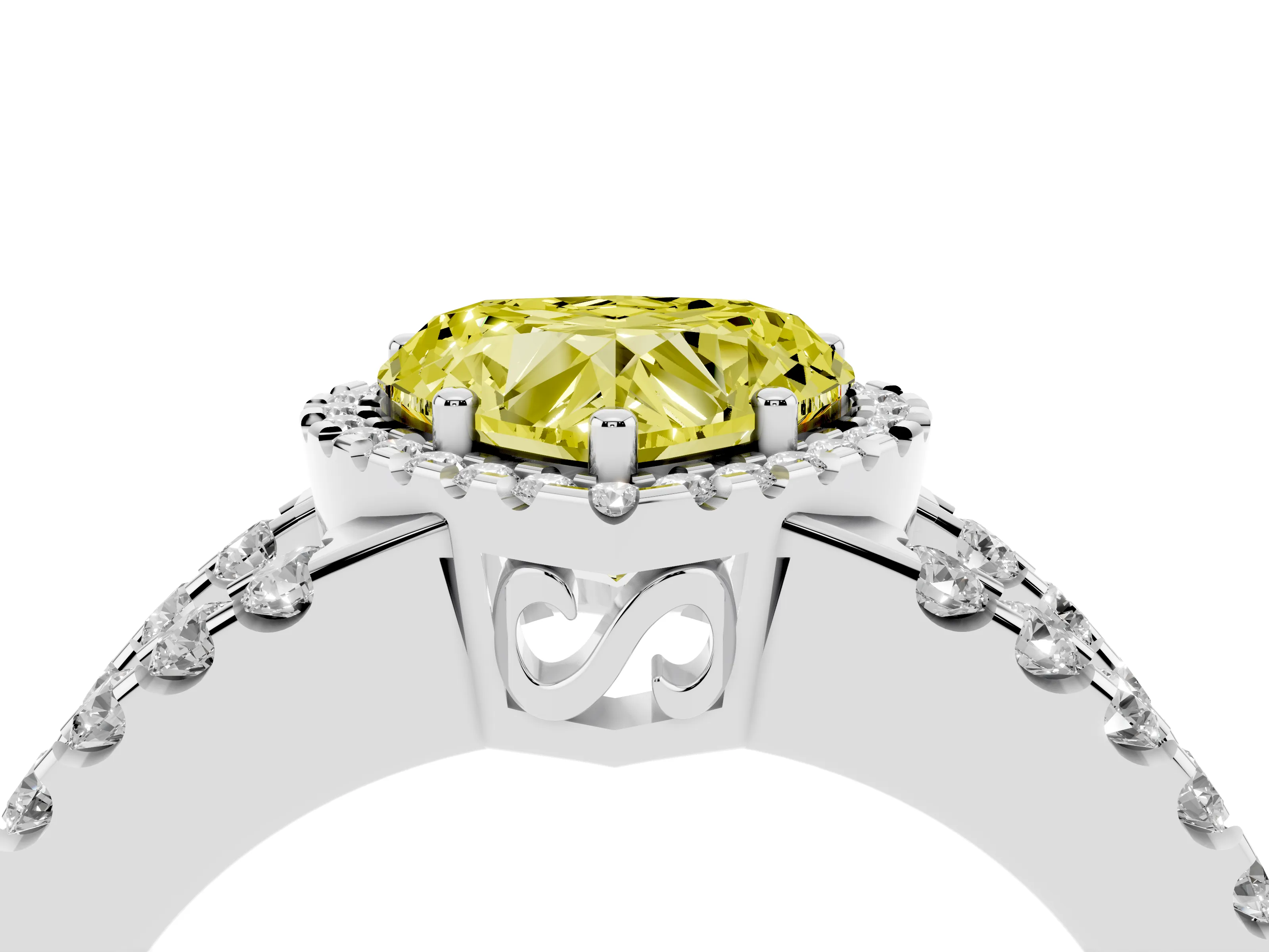 Fancy Yellow Heart Cut Diamond Halo Ring Set in Silver with Pavé Split Shank and Prong Setting