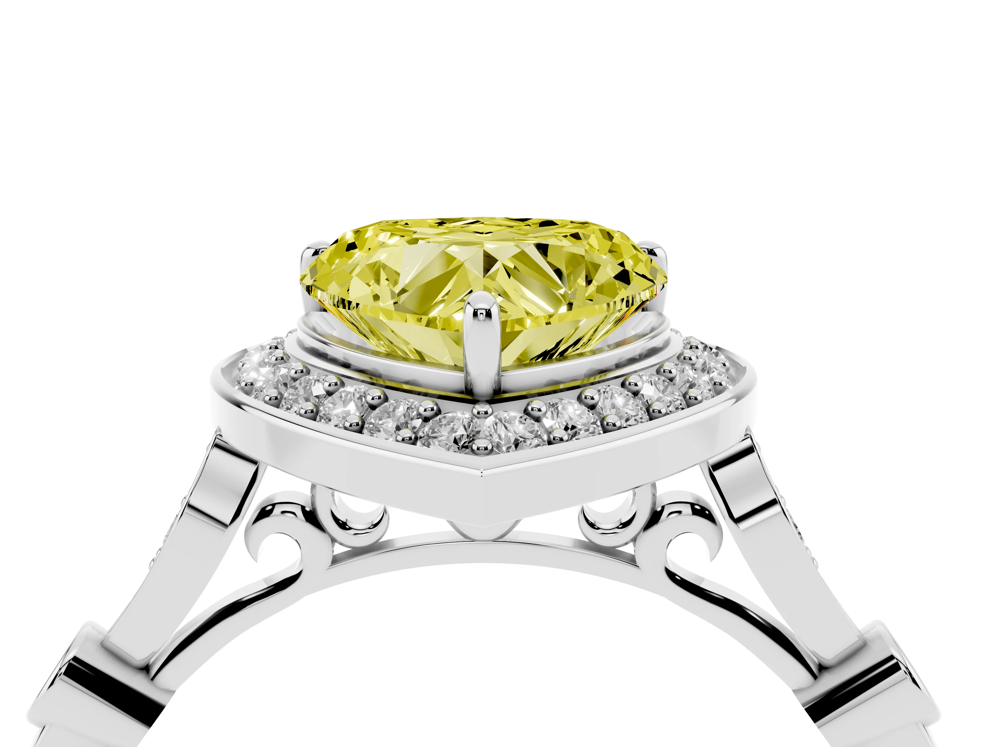 Fancy Yellow Heart Cut Diamond Halo Engagement Ring Set in Silver with Twisted Band and Prong Setting