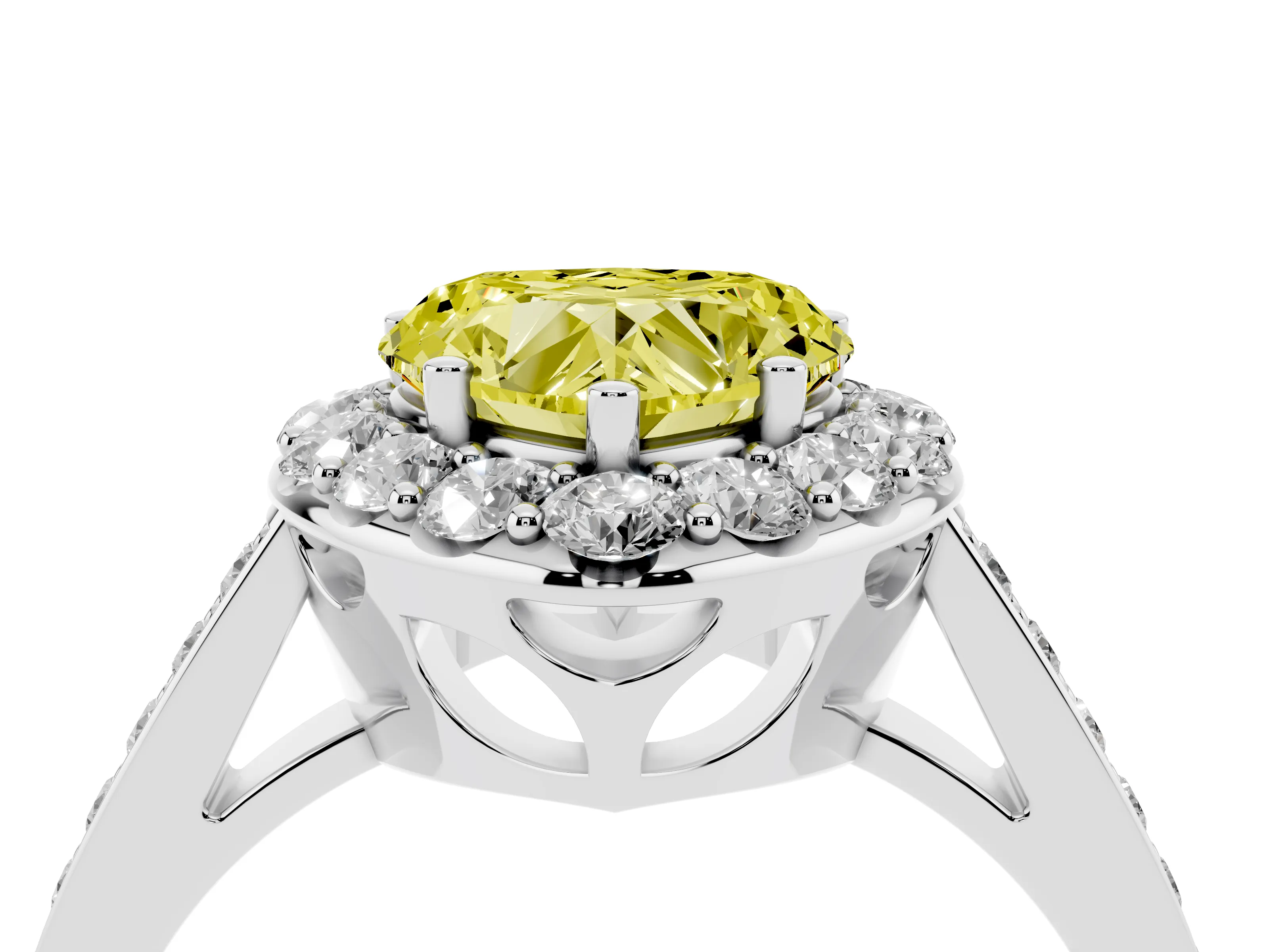 Fancy Yellow Heart Cut Diamond Floral Halo Ring Set in White gold with Pavé Band and Prong Setting