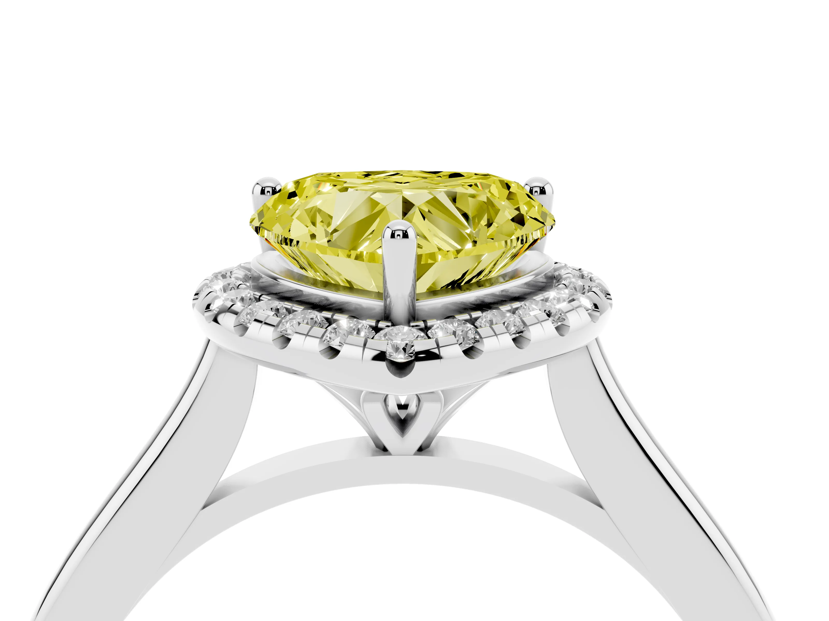 Fancy Yellow Heart Cut Diamond Halo Engagement Ring Set in White gold with Pavé Band and Rising Shoulders