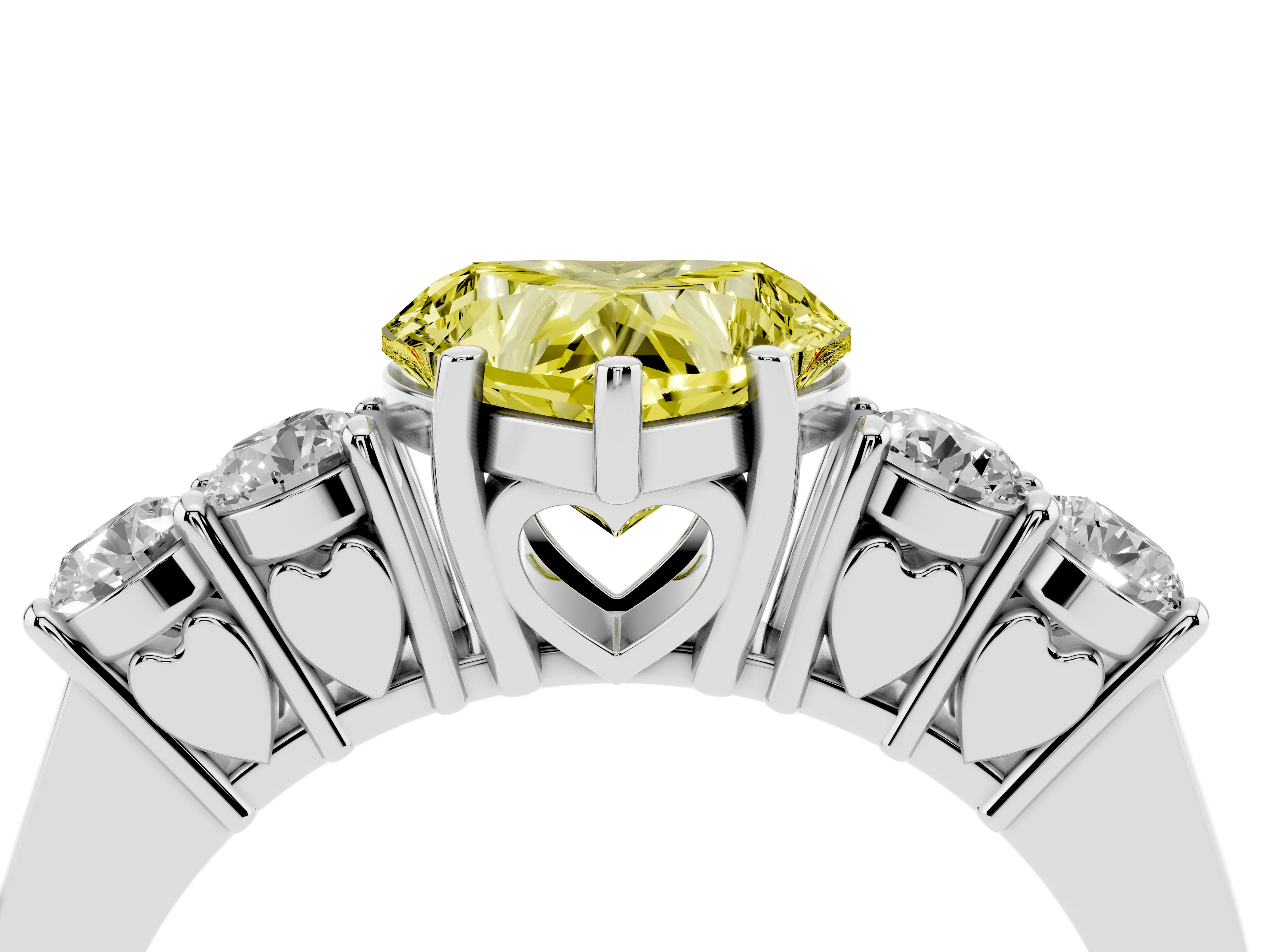 Fancy Yellow Heart Cut Diamond Five-Stone Prong Set Band Ring Set in Platinum with Polished Band