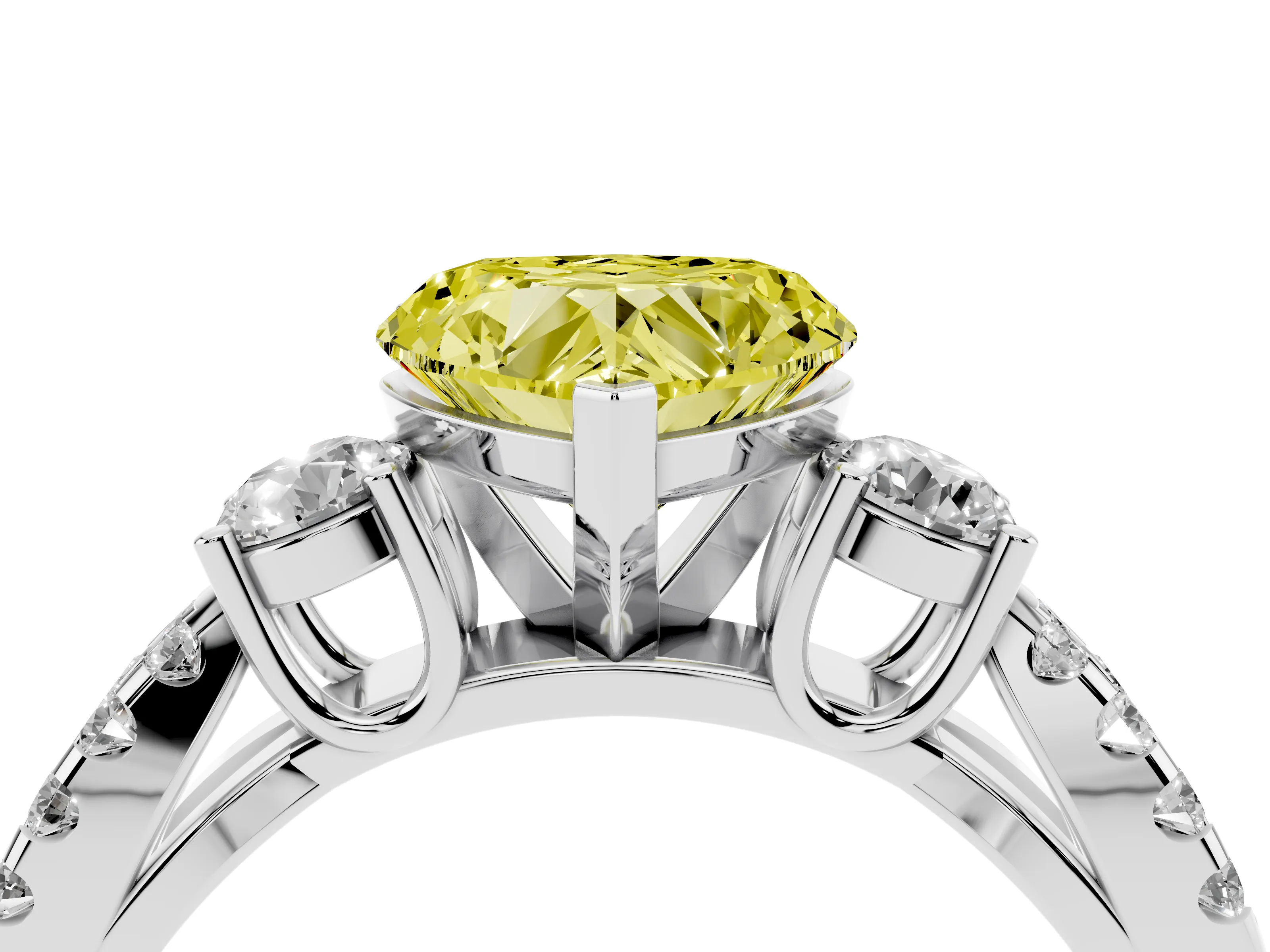 Fancy Yellow Heart Cut Diamond Three-Stone Ring Set in Platinum with Pavé Split Shank and Prong Setting