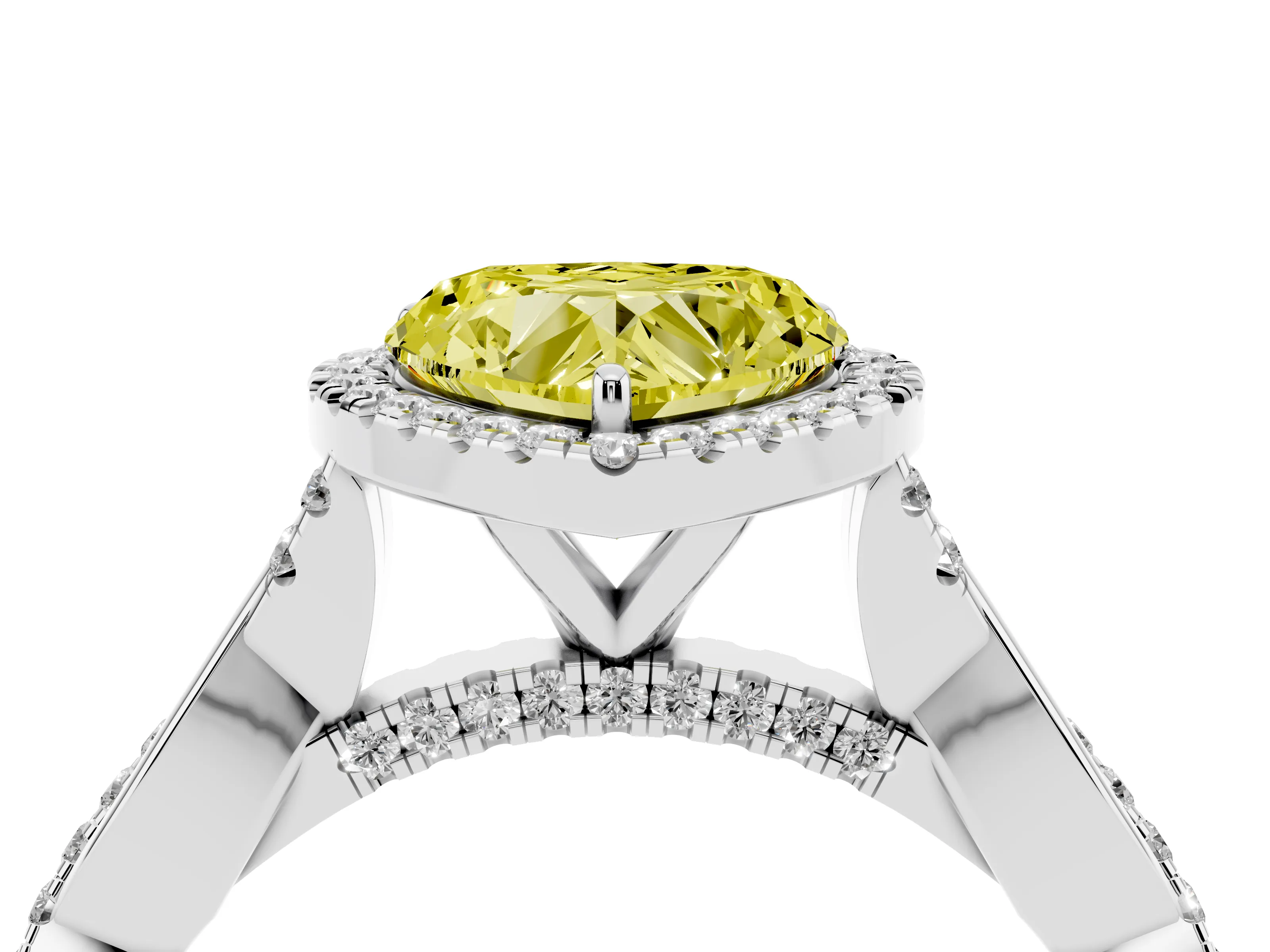 Fancy Yellow Heart Cut Diamond Halo Twist Band Solitaire Ring Set in White gold with Prong Setting