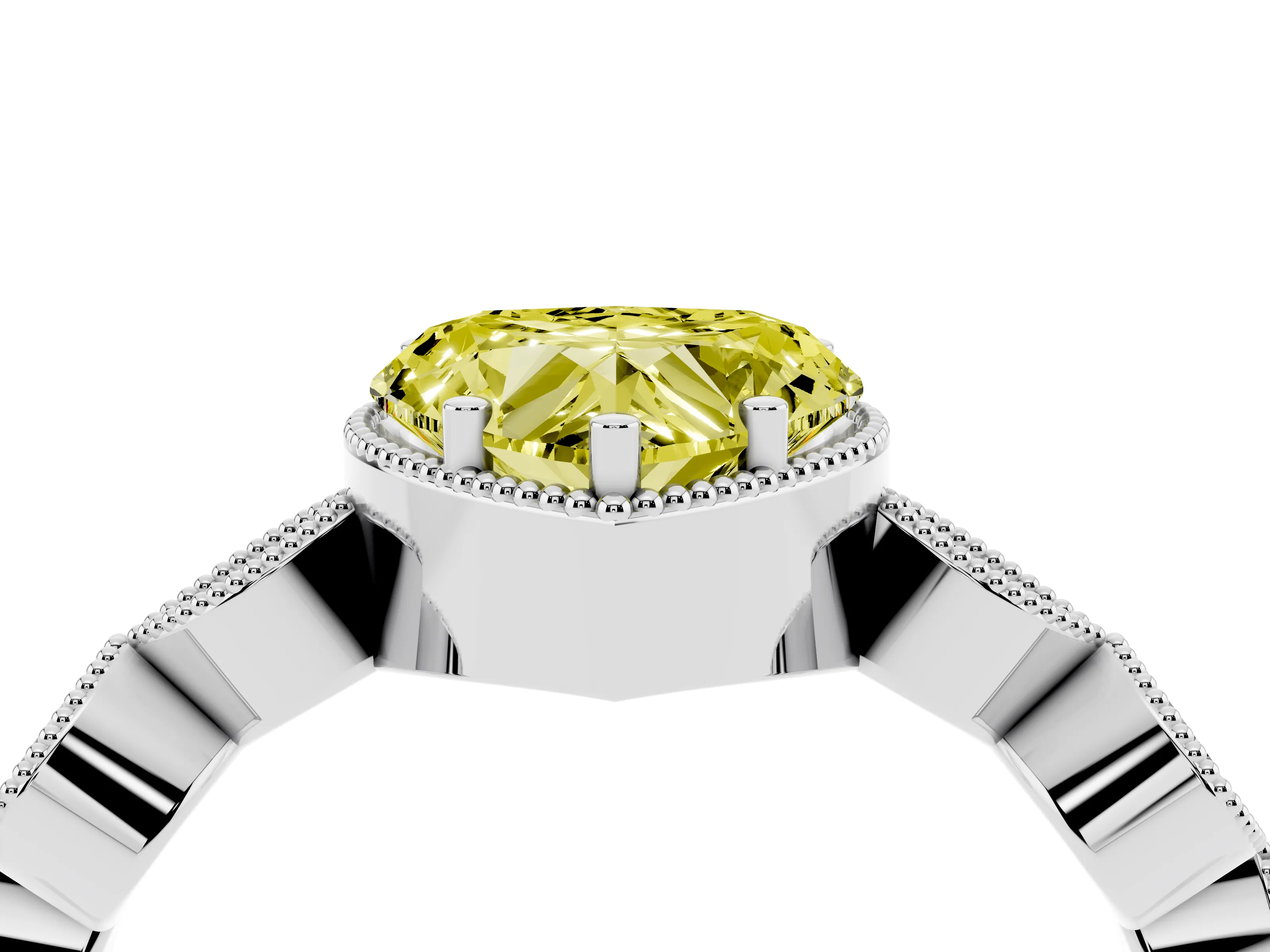 Fancy Yellow Heart Cut Diamond Vintage-Inspired Milgrain Ring Set in White gold with Marquise Stations of Round Accents