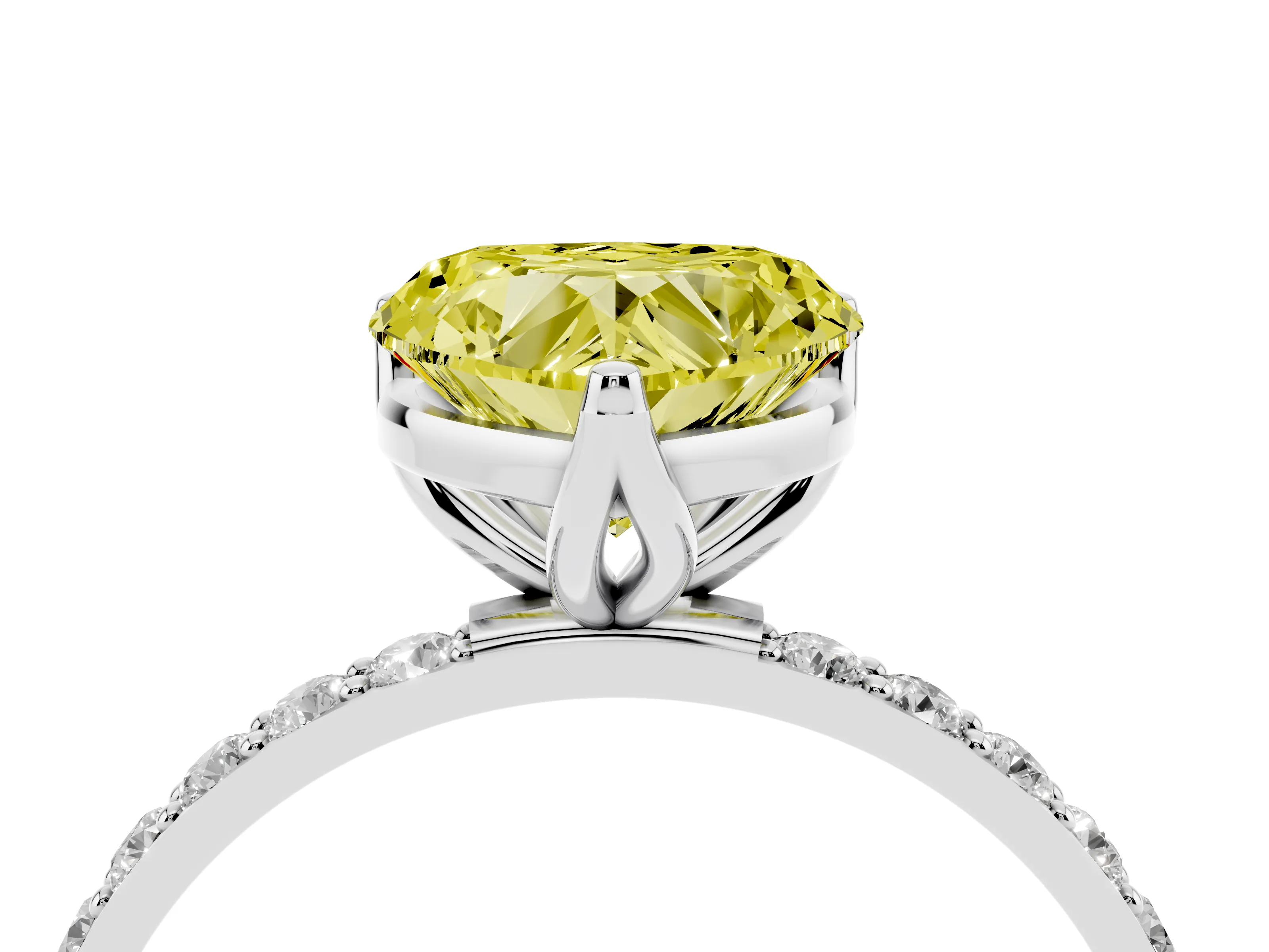 Fancy Yellow Heart Cut Diamond Solitaire Engagement Ring Set in Platinum with Round Pavé Band and Prong Setting
