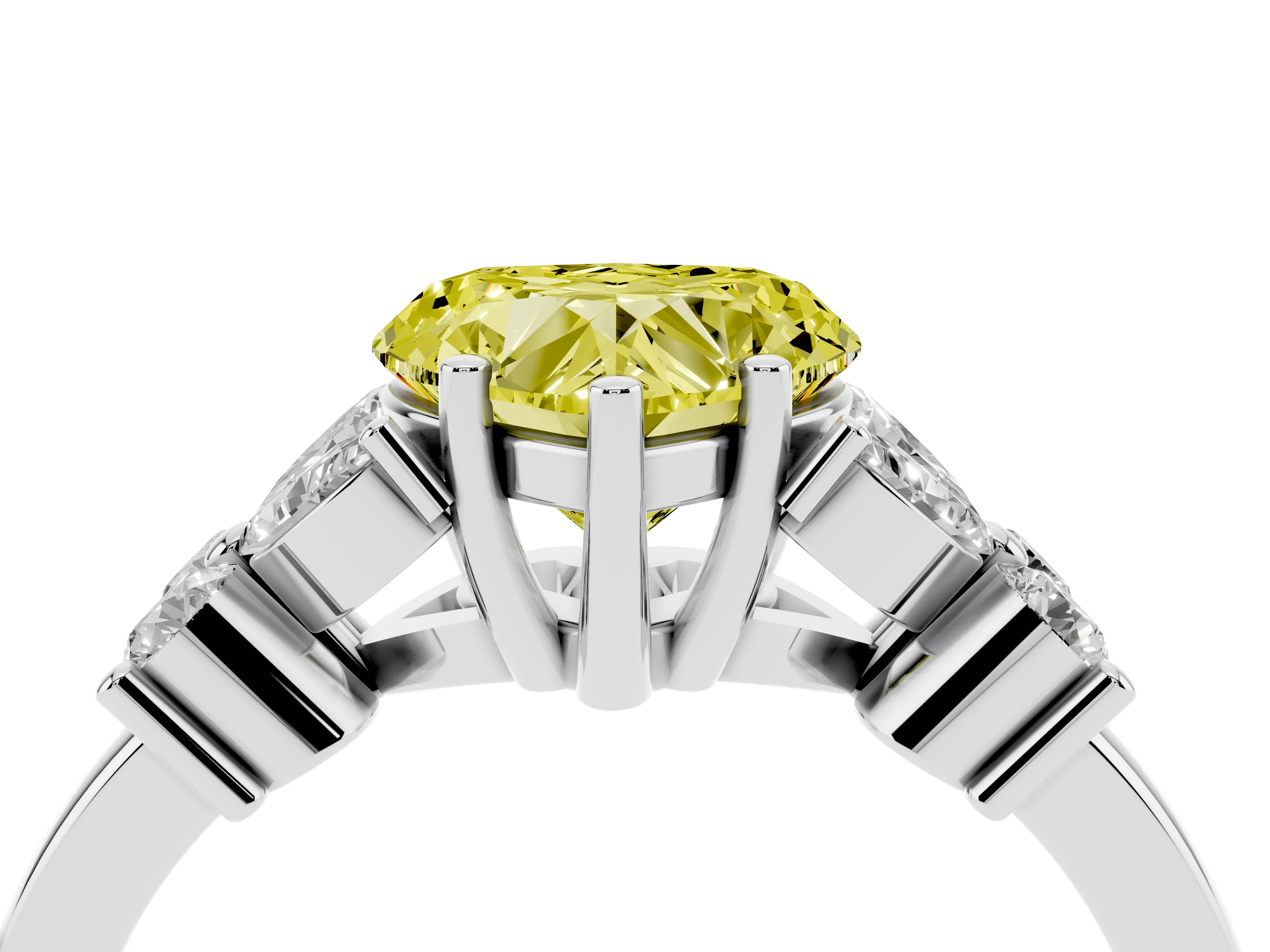 Fancy Yellow Heart Cut Diamond Floral Cluster Ring Set in Platinum with Marquise Petals and Prong Setting