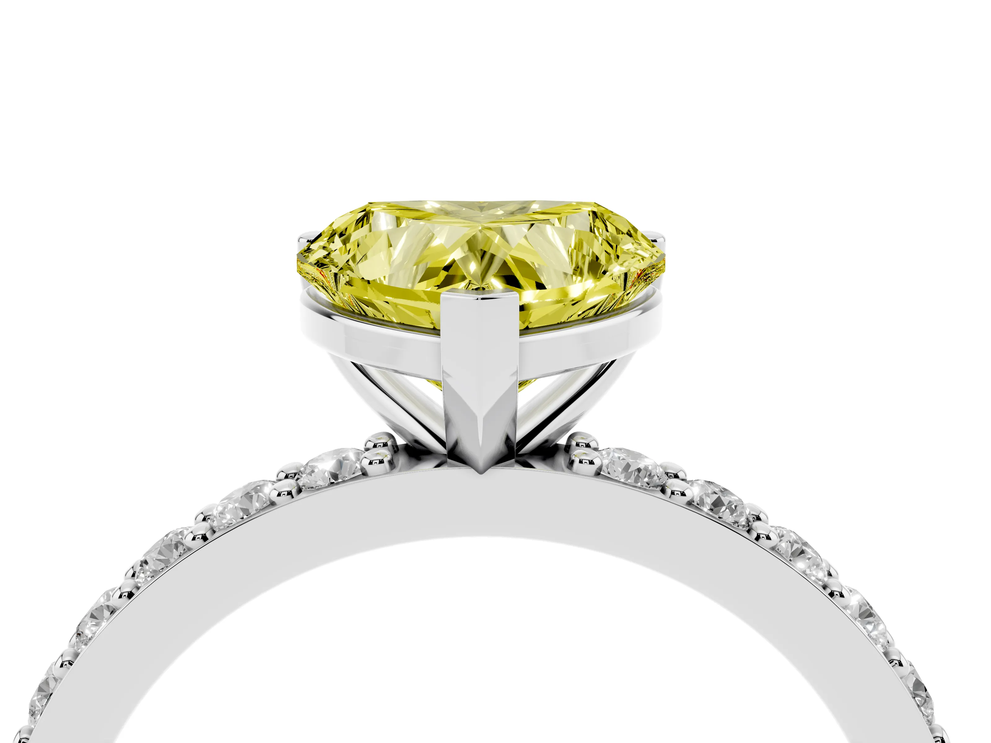 Fancy Yellow Heart Cut Diamond Solitaire Set in White gold with Round Pavé Band and Prong Setting