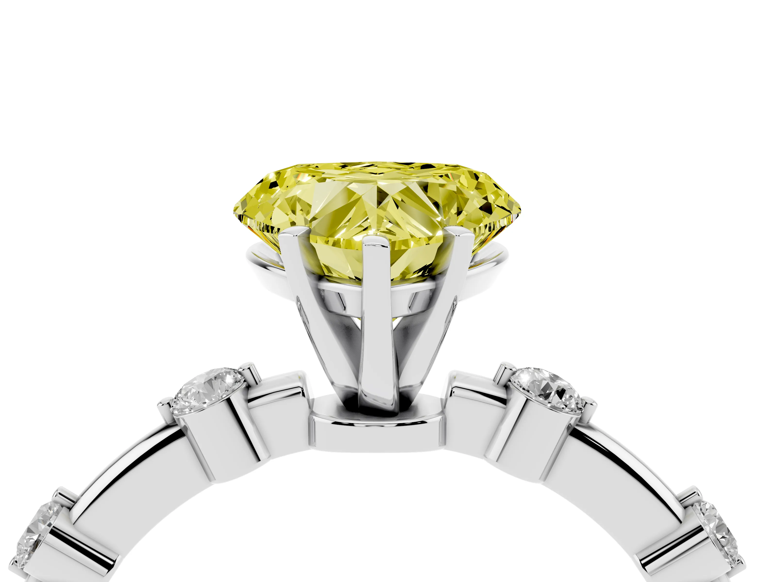 Fancy Yellow Heart Cut Diamond Solitaire Ring Set in Platinum with Bezel Set Side Stones and Prong Setting