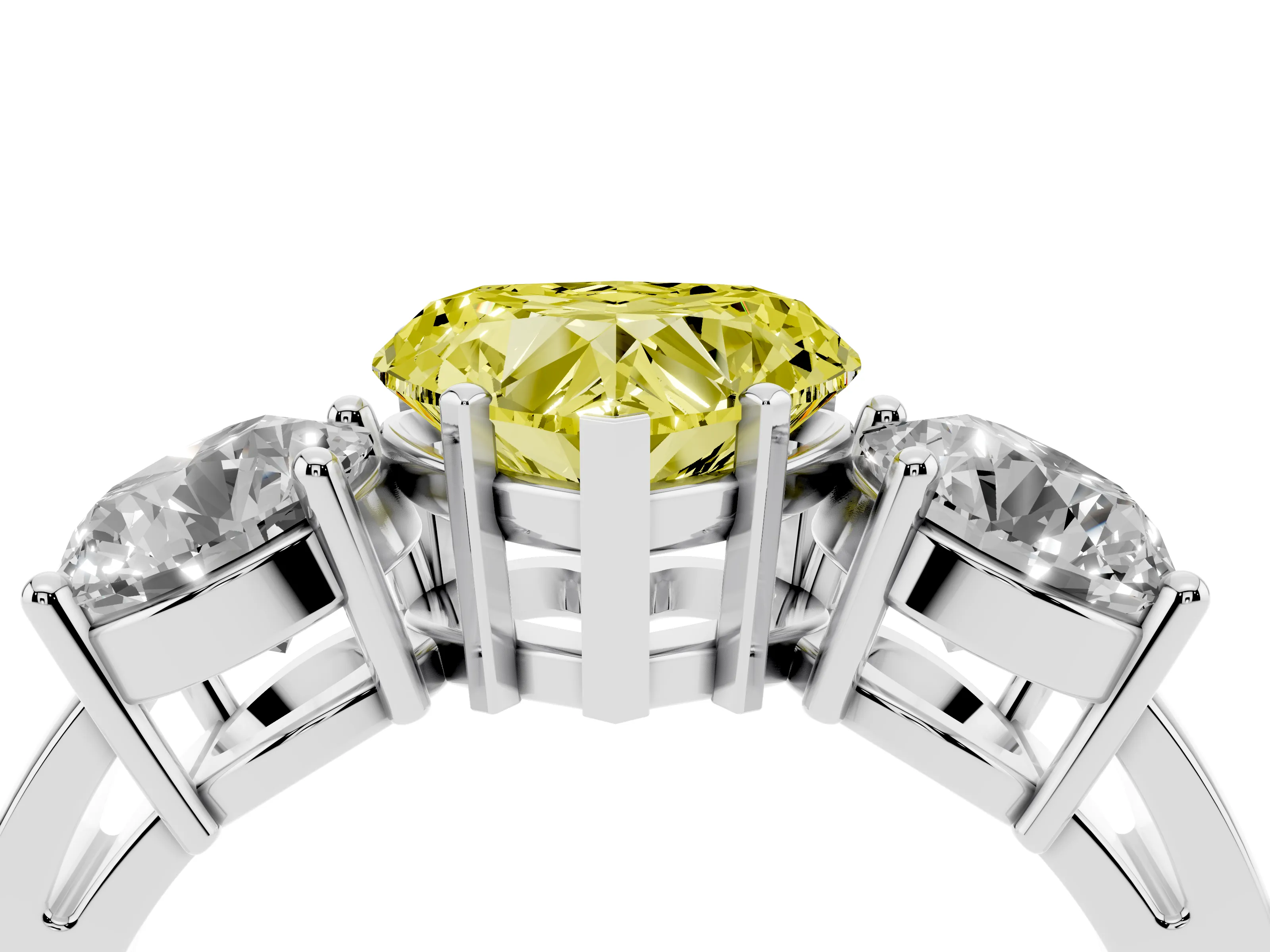 Fancy Yellow Heart Cut Diamond Three-Stone Ring Set in White gold with Round Side Stones and Classic Band
