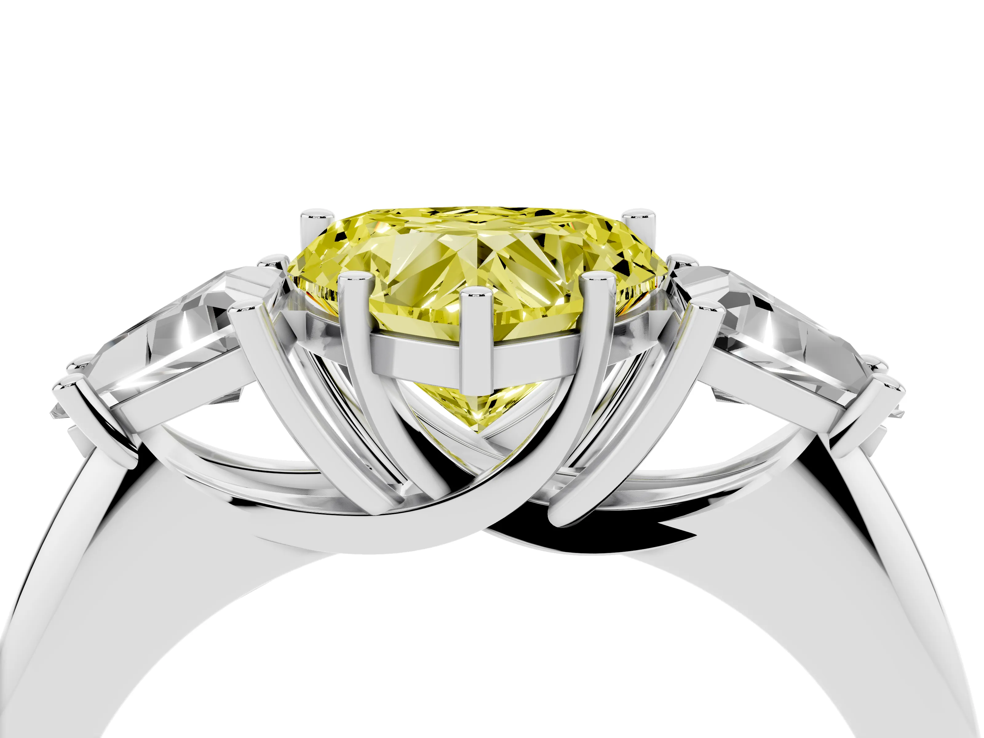 Fancy Yellow Heart Cut Diamond Three-Stone Engagement Ring Set in Platinum with Trillion Side Stones