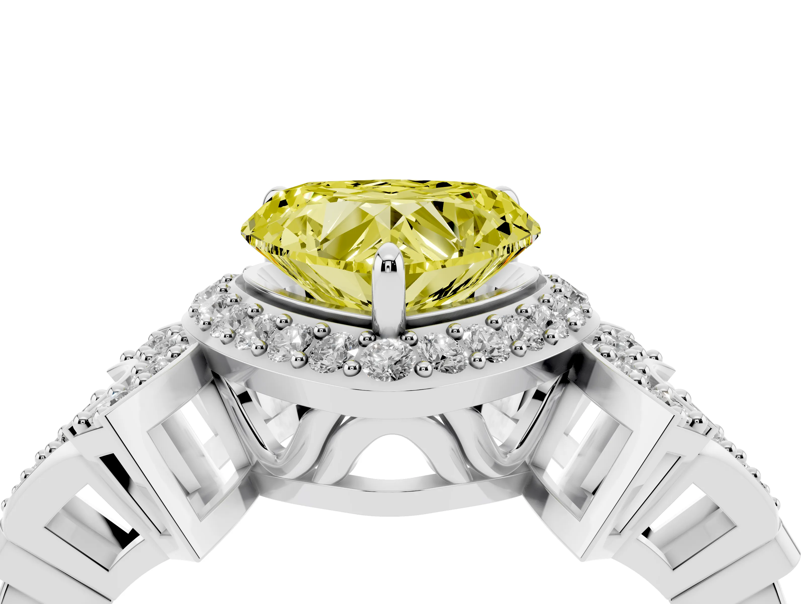 Fancy Yellow Heart Cut Diamond Halo Engagement Ring Set in White gold with Accent Stone Split Shank