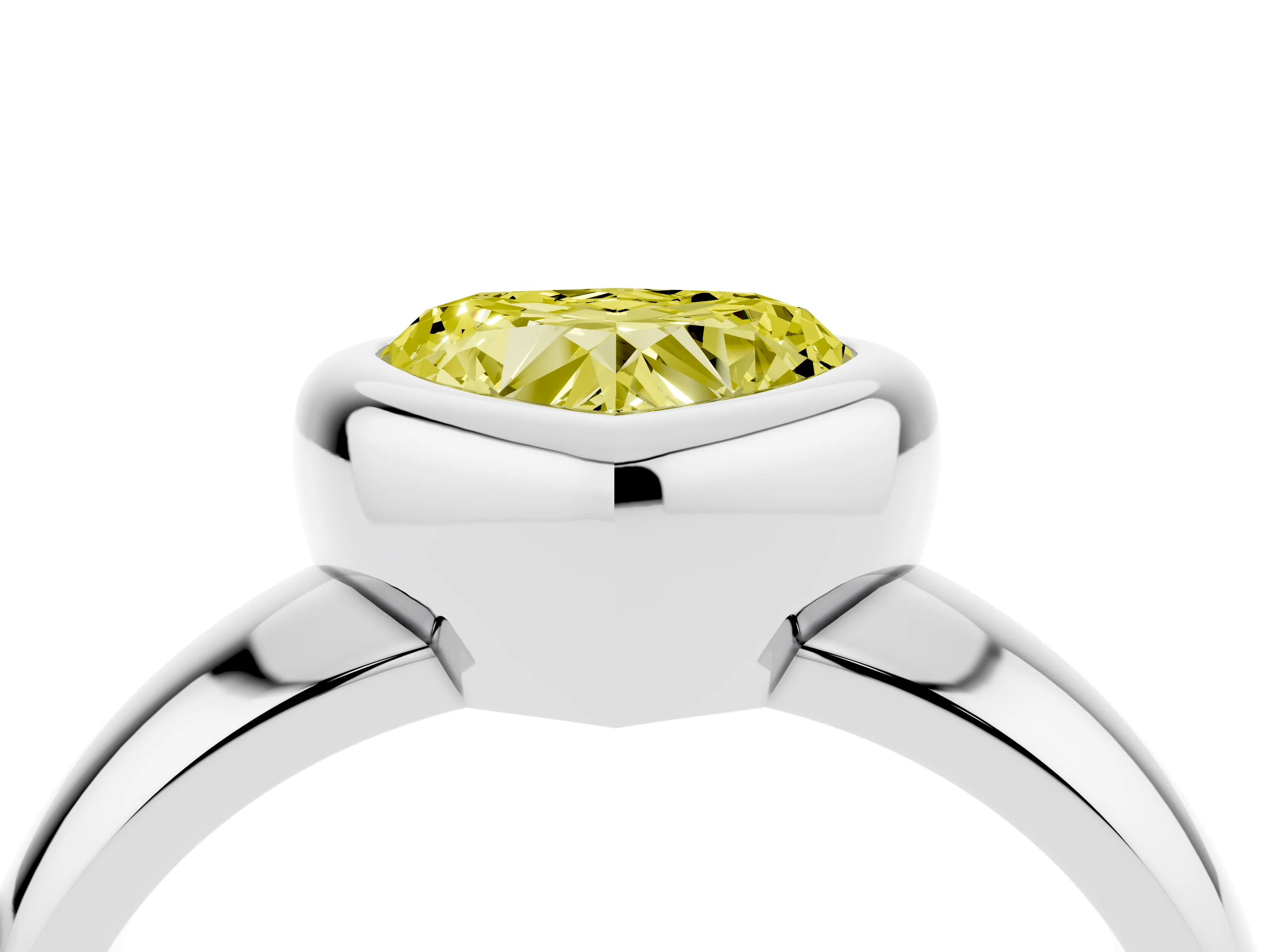 Fancy Yellow Bezel Set Heart Cut Diamond Solitaire Ring Set in White gold with Wide Band