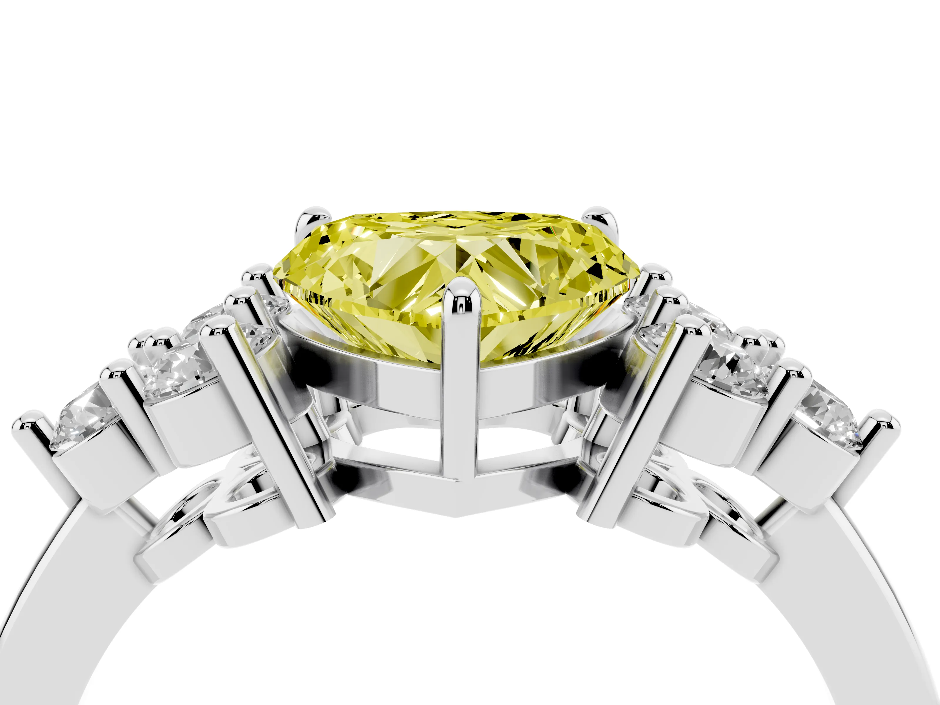 Fancy Yellow Heart Cut Diamond Solitaire Ring Set in Platinum with Cluster Accents on Each Side