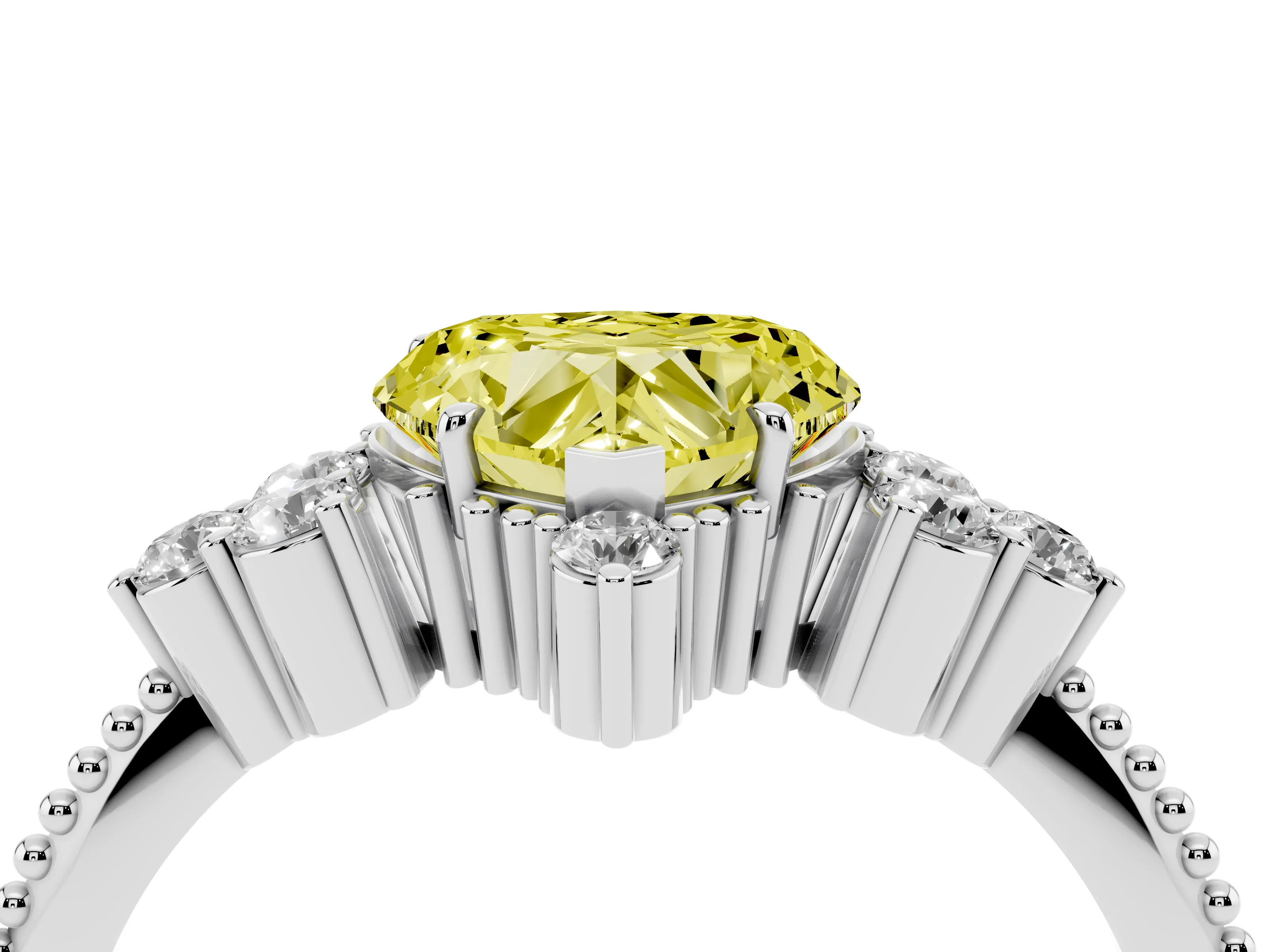 Fancy Yellow Heart Cut Diamond Cluster Ring Set in White gold with Beaded Band