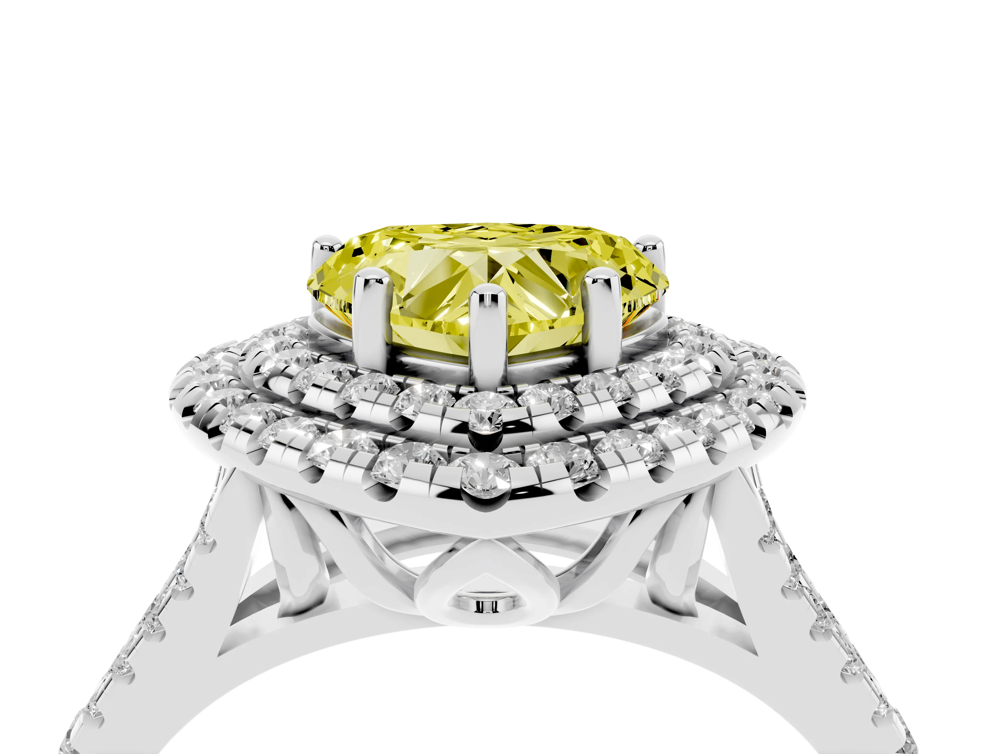 Fancy Yellow Heart Cut Diamond Double Halo Ring Set in Platinum with Pavé Split Shank and Prong Setting