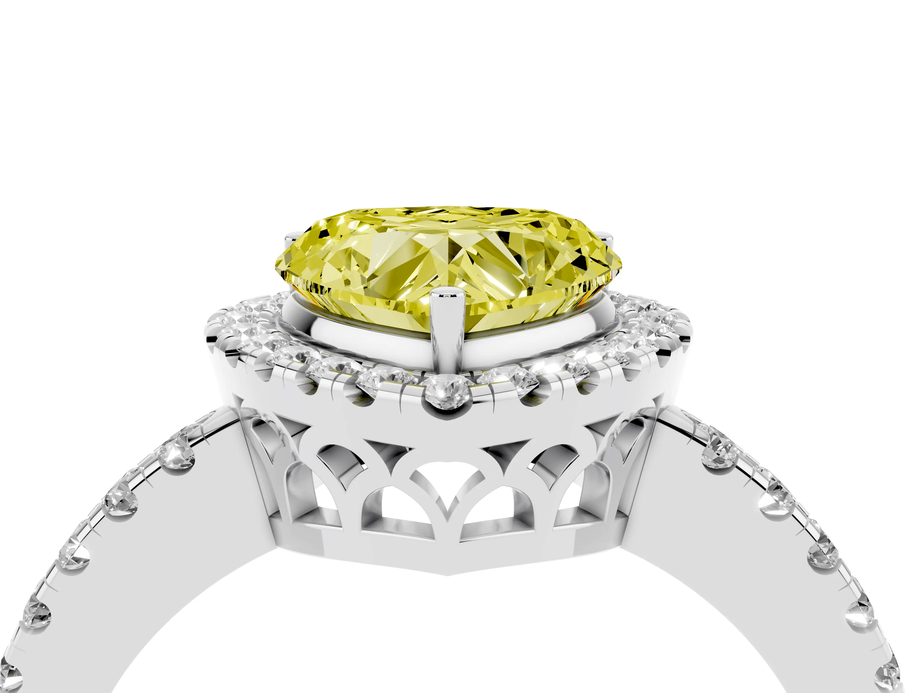Fancy Yellow Heart Cut Diamond Pavé Band Halo Engagement Ring Set in White gold with Prong Setting