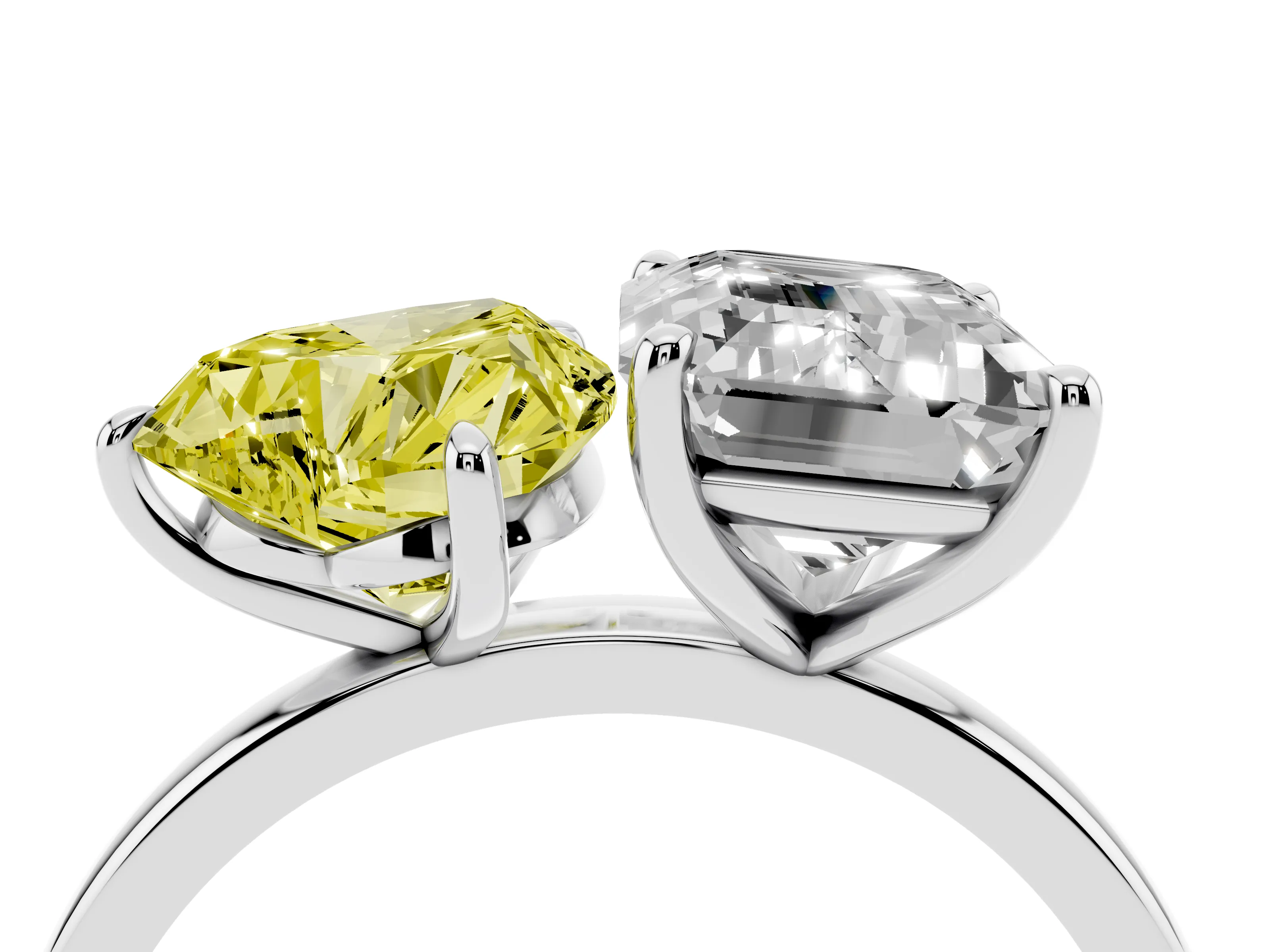 Fancy Yellow Heart Cut and Emerald Cut Toi Moi Ring Set in Silver with Prong Setting