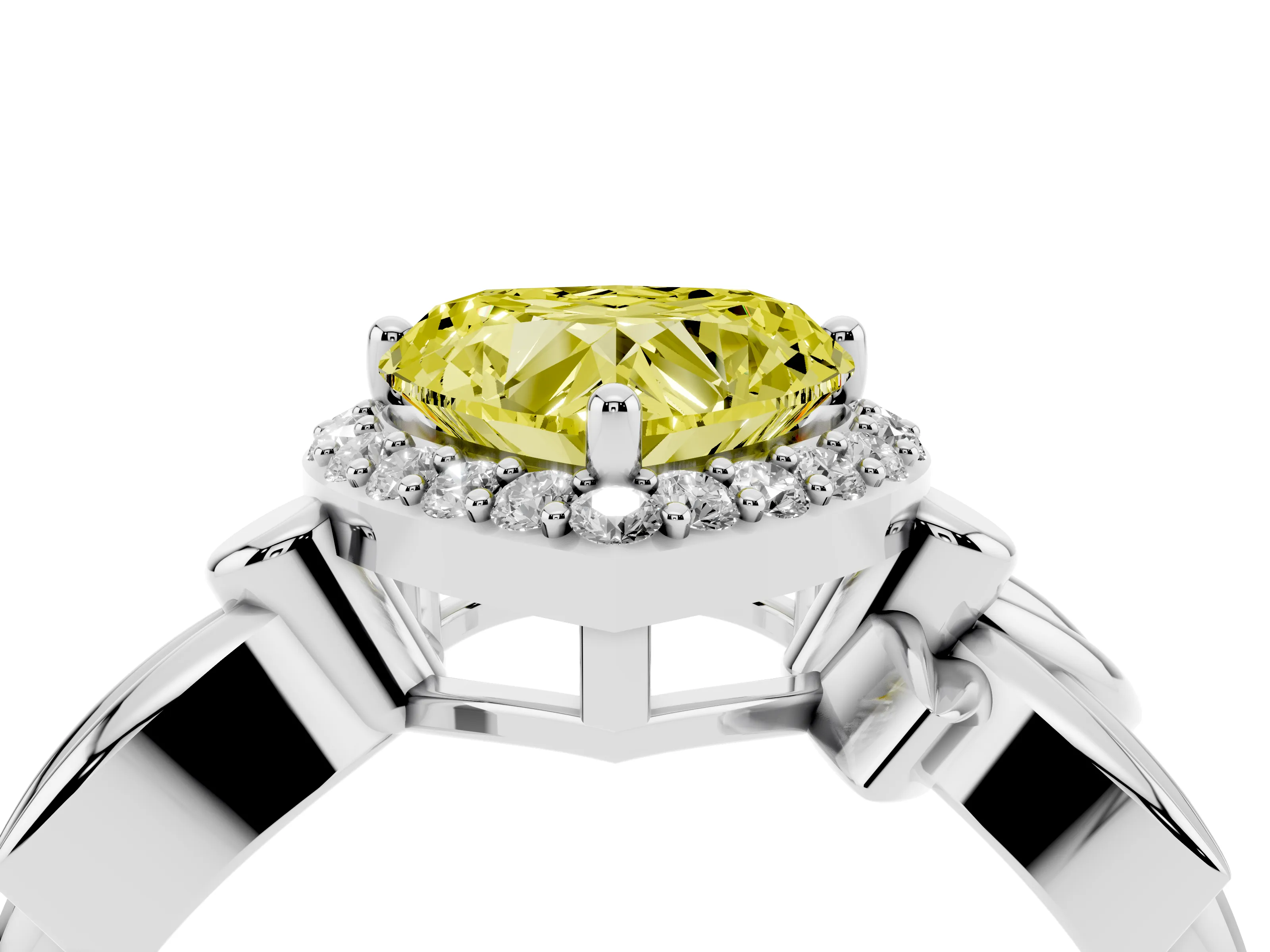 Fancy Yellow Heart Cut Diamond Halo Floral Band Ring Set in Silver with Prong Setting
