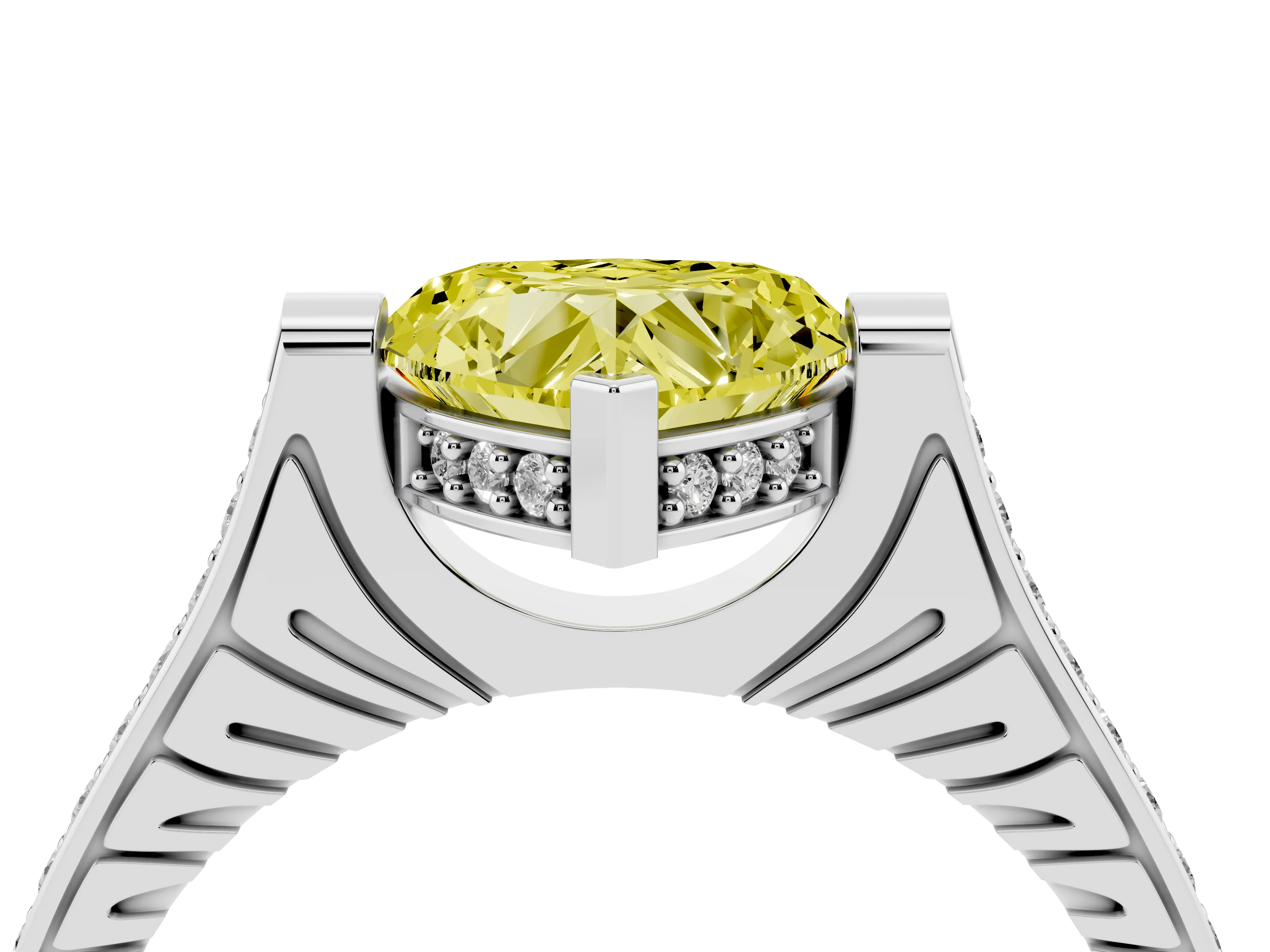 Fancy Yellow Heart Cut Diamond Solitaire Ring Set in White gold with Channel Set Band and Bezel Prong Setting