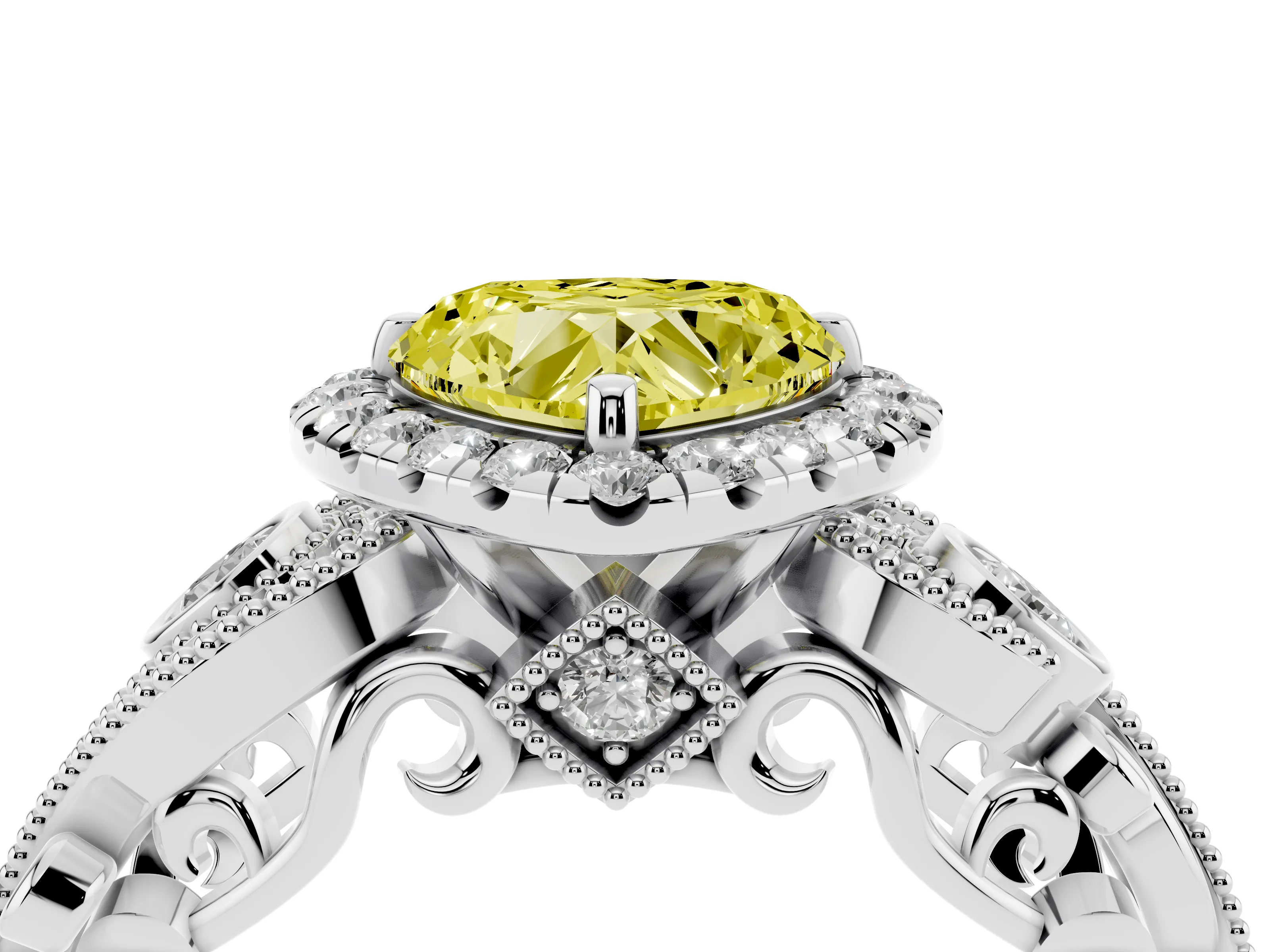 Fancy Yellow Heart Cut Diamond Halo Ring Set in Silver with Milgrain Pavé Band and Prong Setting