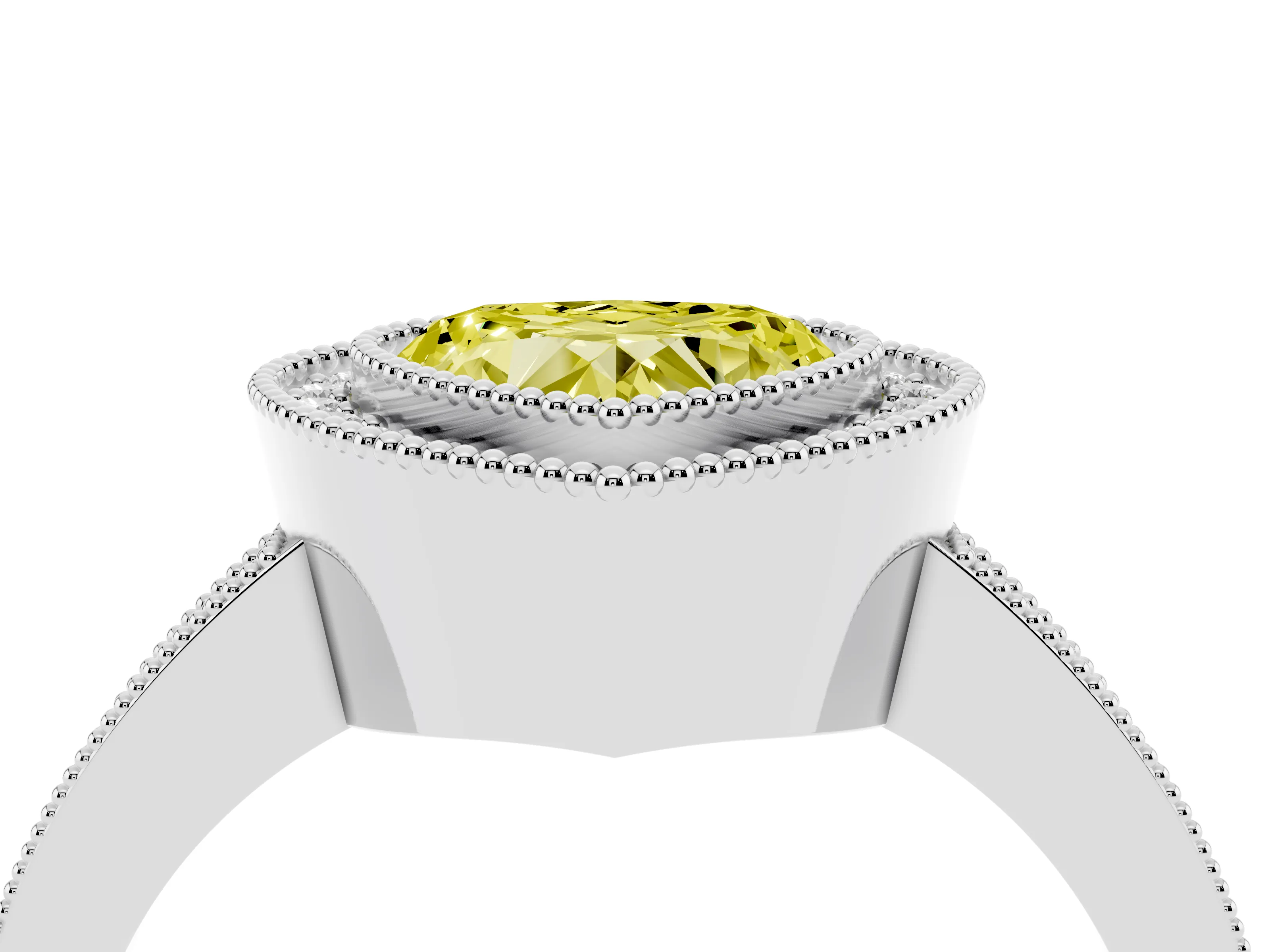 Fancy Yellow Heart Cut Diamond Halo Engagement Ring Set in White gold with Pavé Band and Round Halo Stones