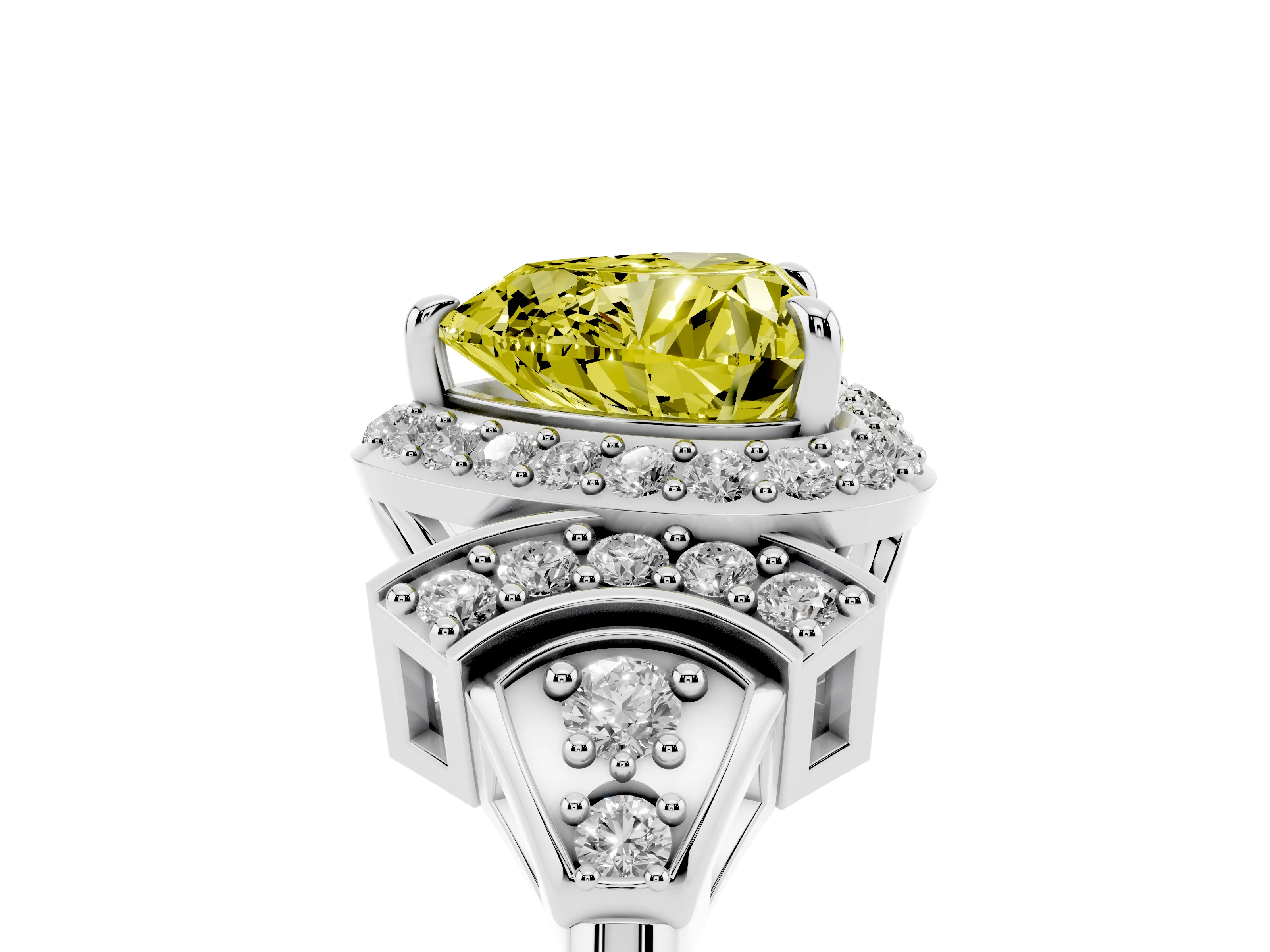 Fancy Yellow Heart Cut Diamond Halo Engagement Ring Set in White gold with Accent Stone Split Shank