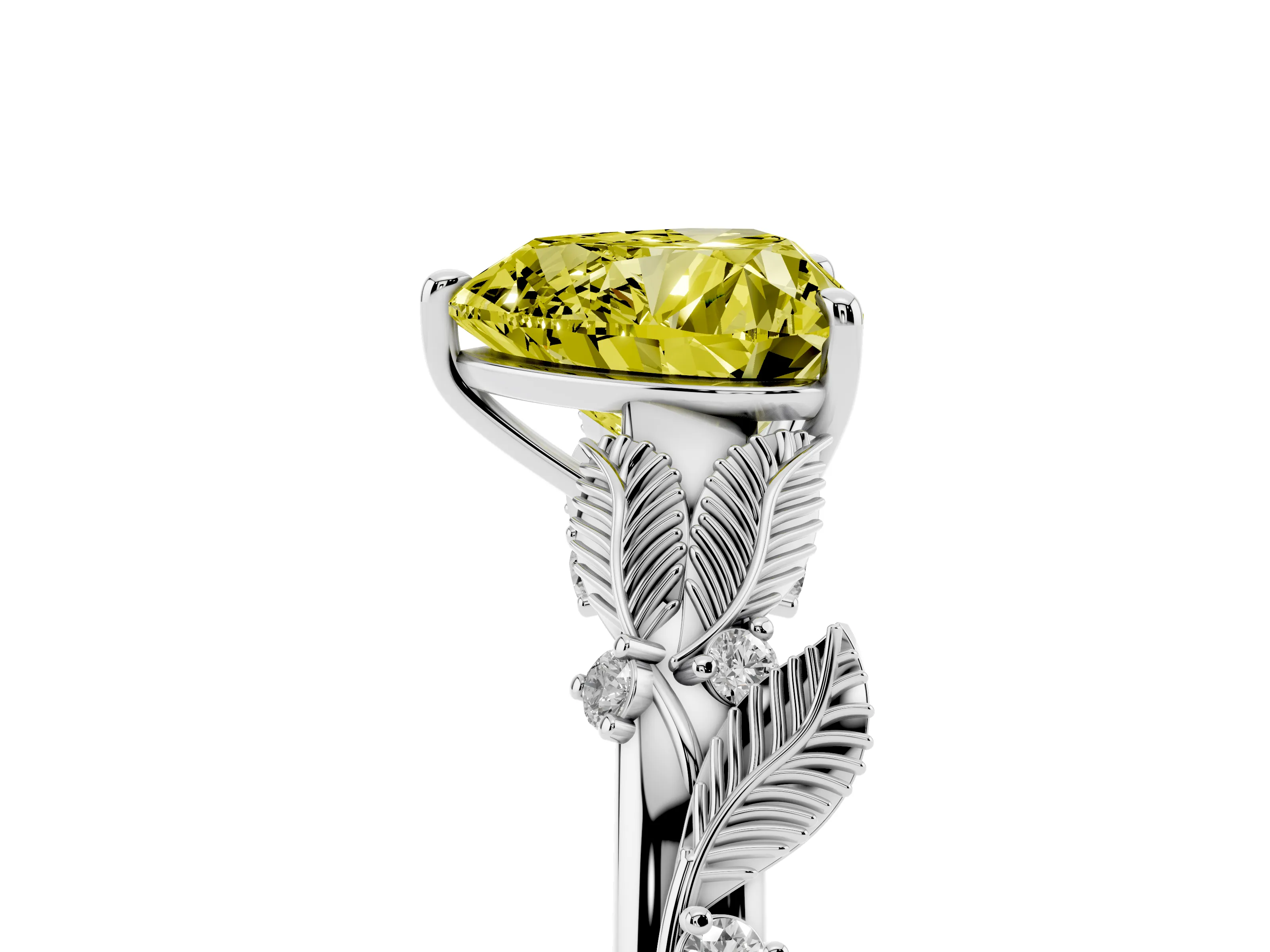Fancy Yellow Heart Cut Diamond Solitaire Ring Set in White gold with Leaf Motif Band