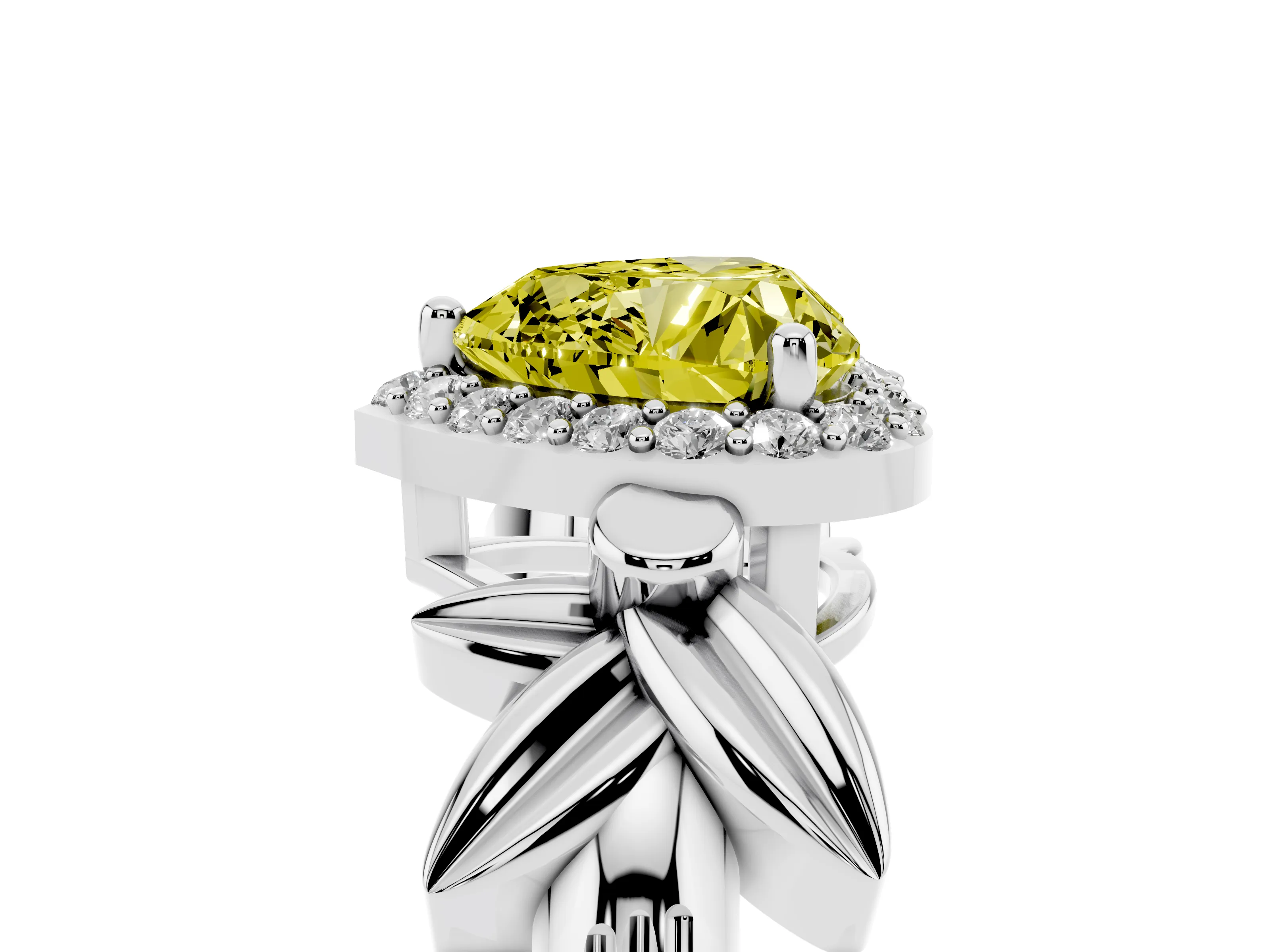 Fancy Yellow Heart Cut Diamond Halo Floral Band Ring Set in Silver with Prong Setting