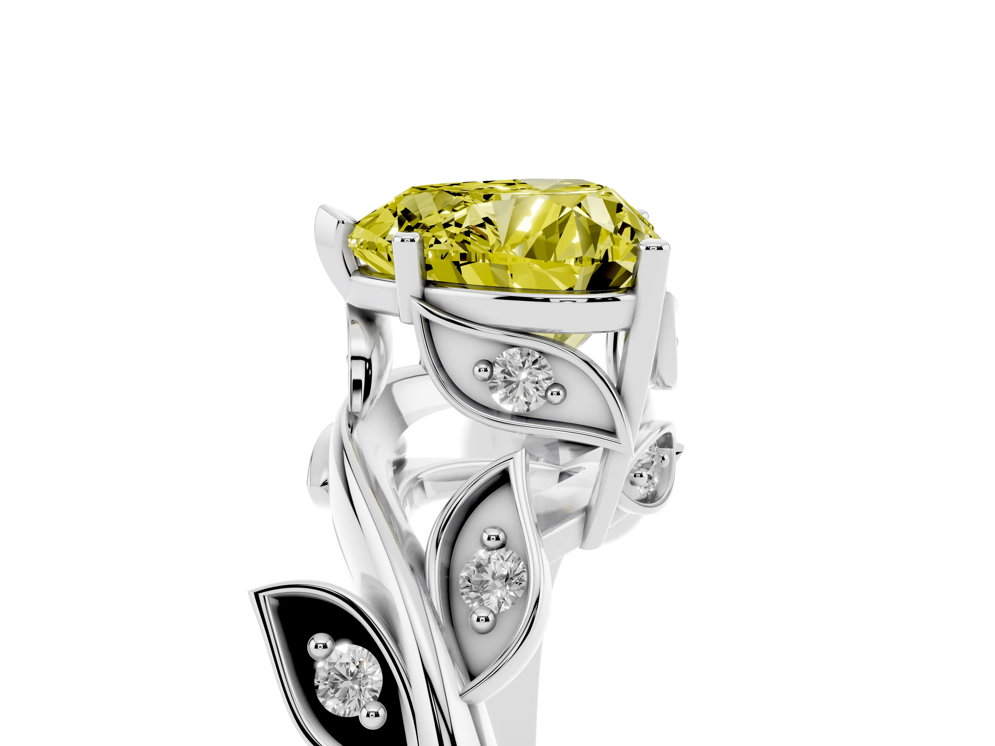 Fancy Yellow Heart Cut Diamond Solitaire Twist Engagement Ring Set in Silver with Pavé Leaf Accents