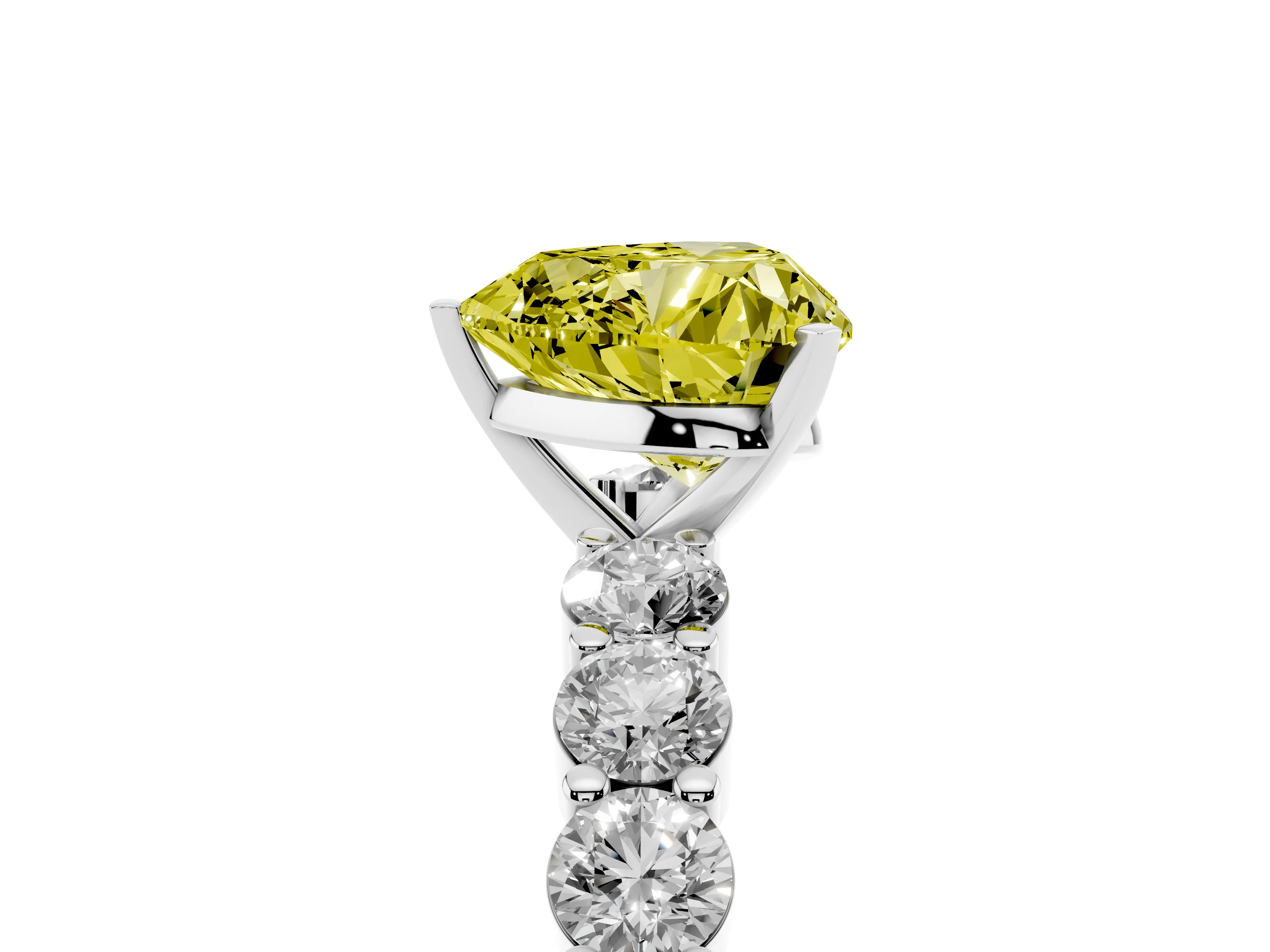 Fancy Yellow Heart Cut Diamond Solitaire Ring Set in White gold with Shared Prong Round Side Stones