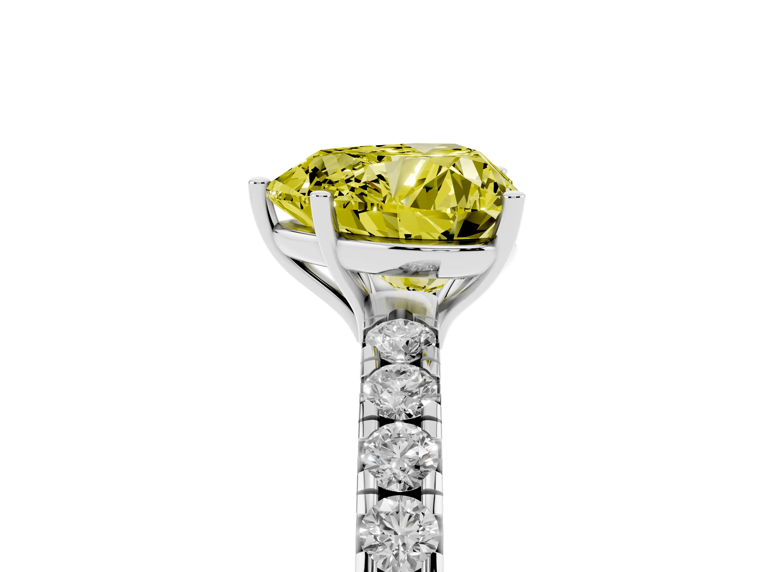 Fancy Yellow Heart Cut Diamond Pavé Solitaire Engagement Ring Set in White gold with Prong Setting