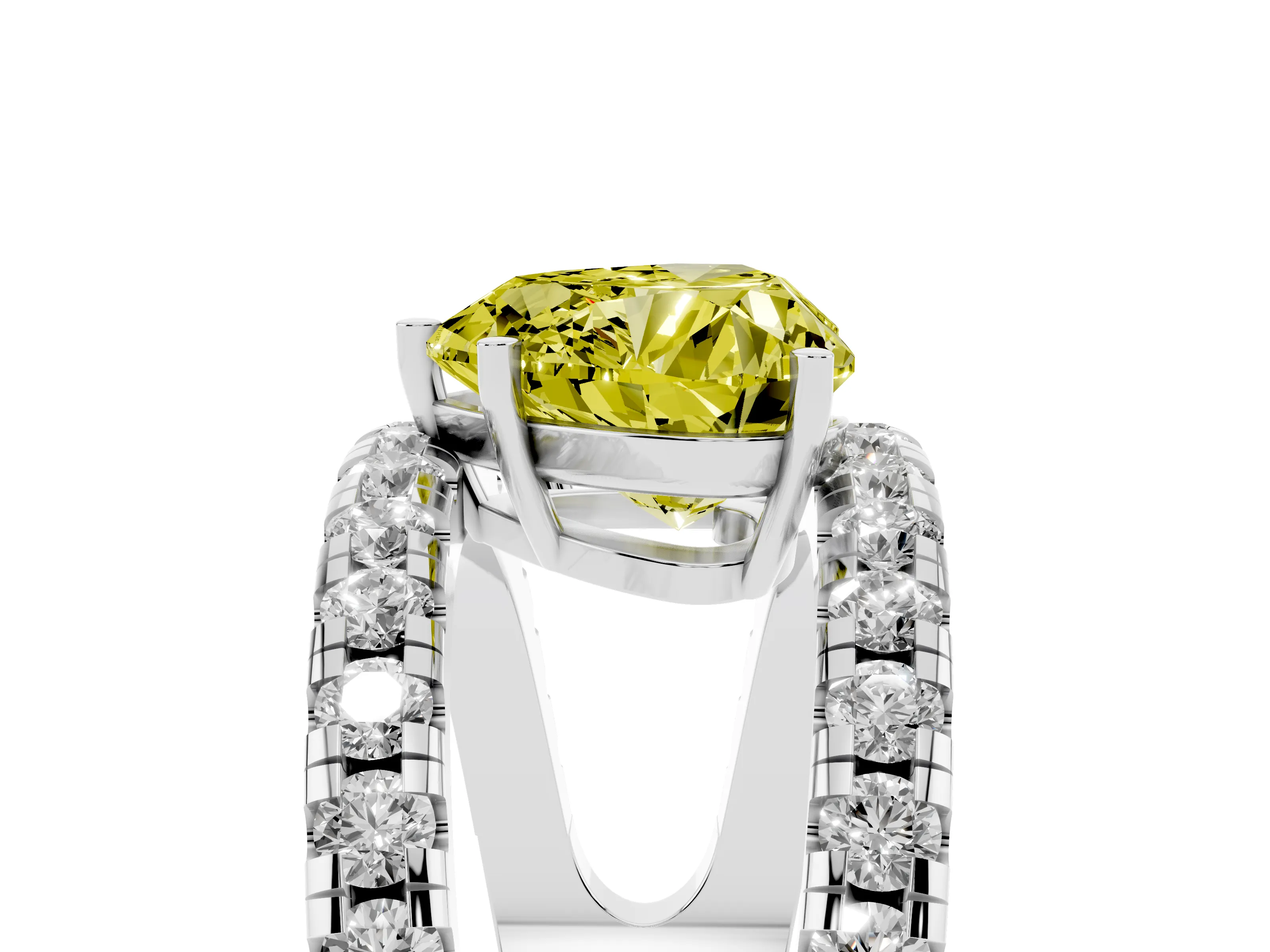 Fancy Yellow Heart Cut Diamond Split Shank Pavé Solitaire Ring Set in Platinum with Open Shank Design