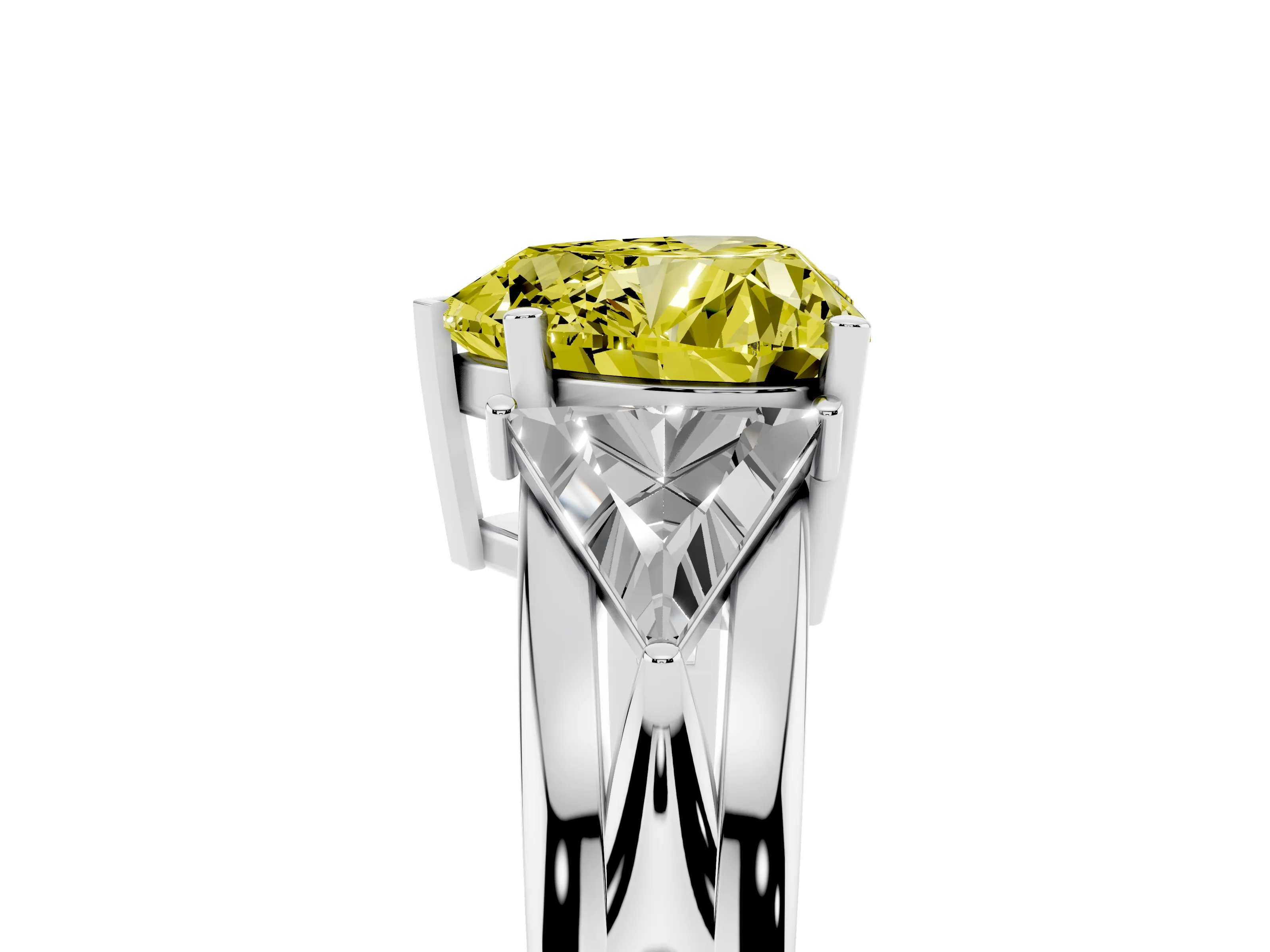 Fancy Yellow Heart Cut Diamond Three-Stone Ring Set in Platinum with Trillion Side Stones and Split Shank