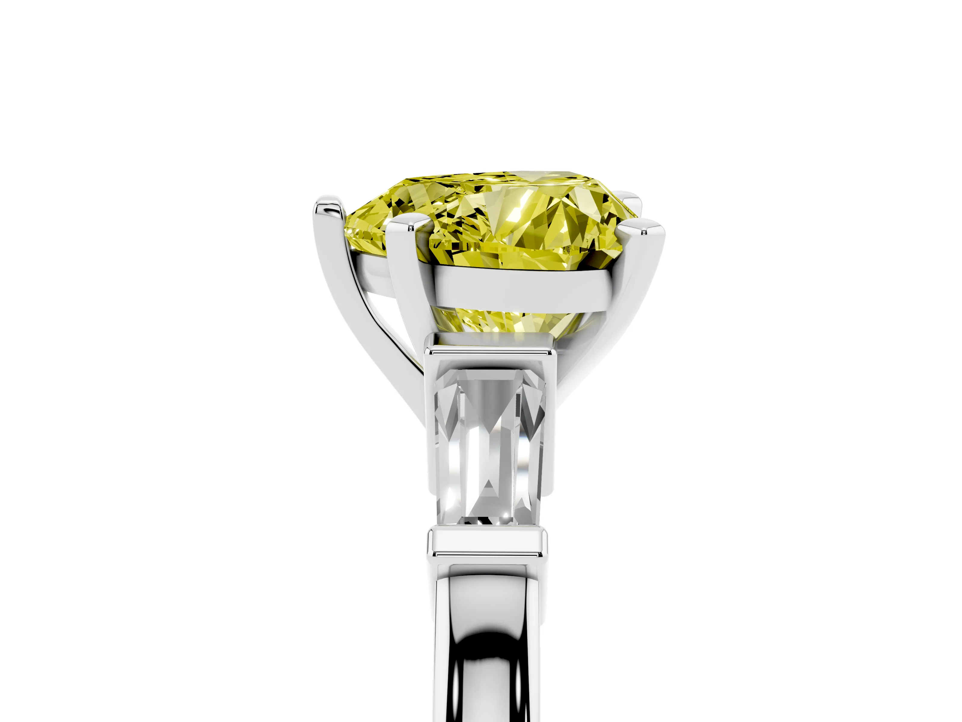 Fancy Yellow Heart Cut Diamond Solitaire Ring Set in White gold with Tapered Baguette Accents and Prong Setting