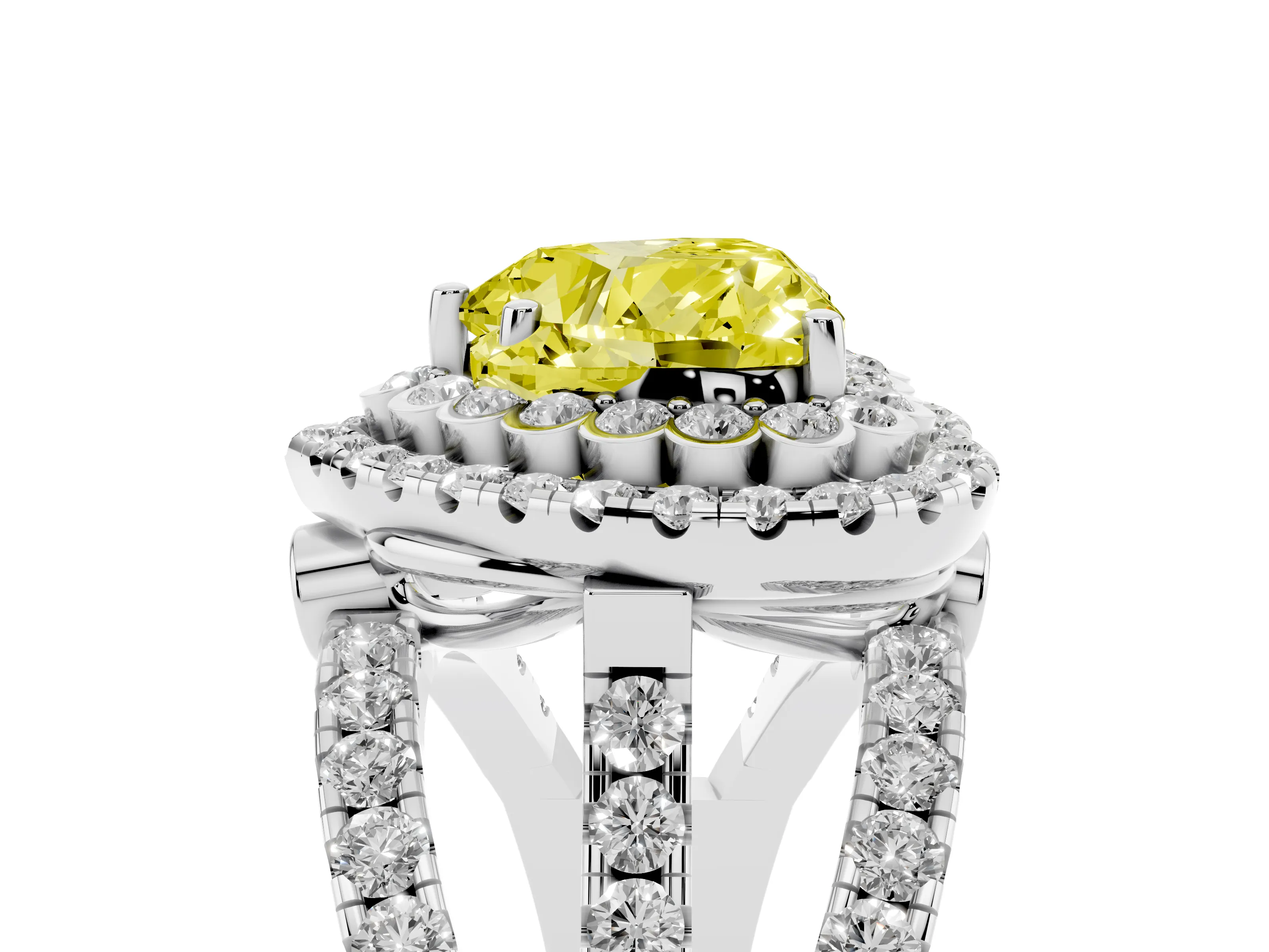 Fancy Yellow Heart Cut Diamond Double Halo Ring Set in White gold with Round Pavé Split Shank